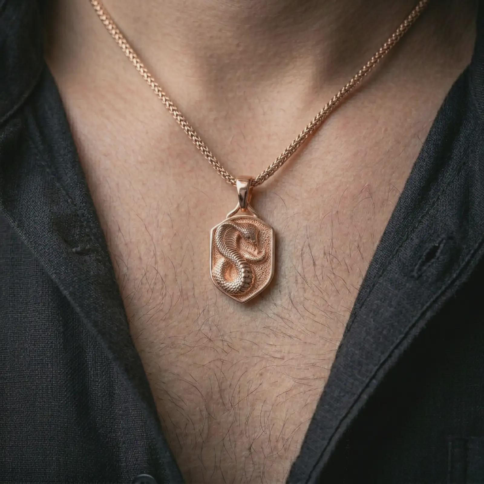 Rose gold plated cobra shield pendant necklace worn on the neck, presented in a close-up lifestyle shot with a refined mystical aesthetic.