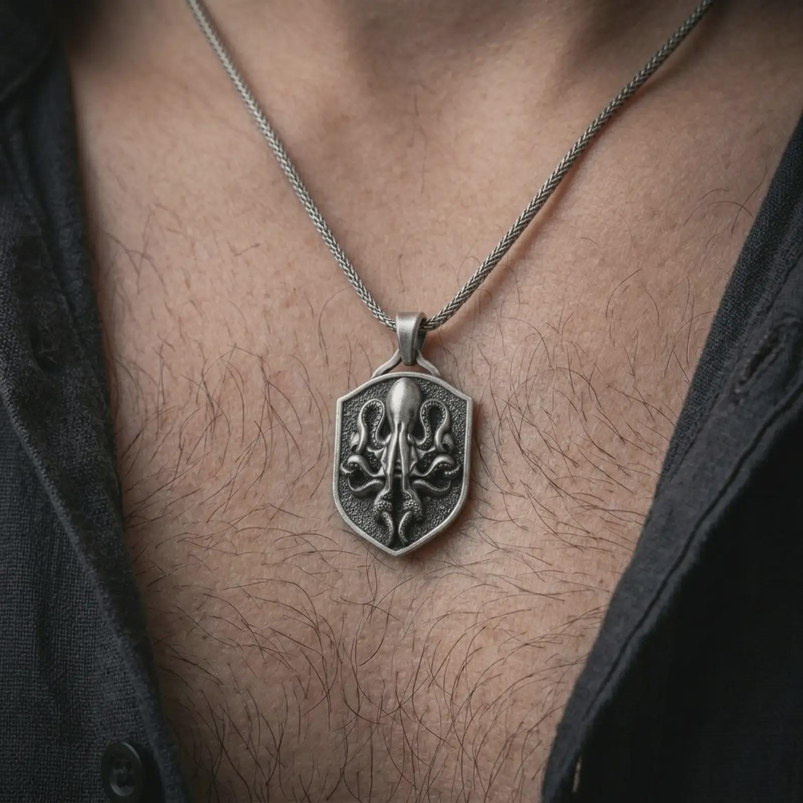 Oxidized kraken octopus shield pendant necklace worn on the neck, styled in a dark lifestyle portrait with an open shirt and bold ocean-inspired presentation.
