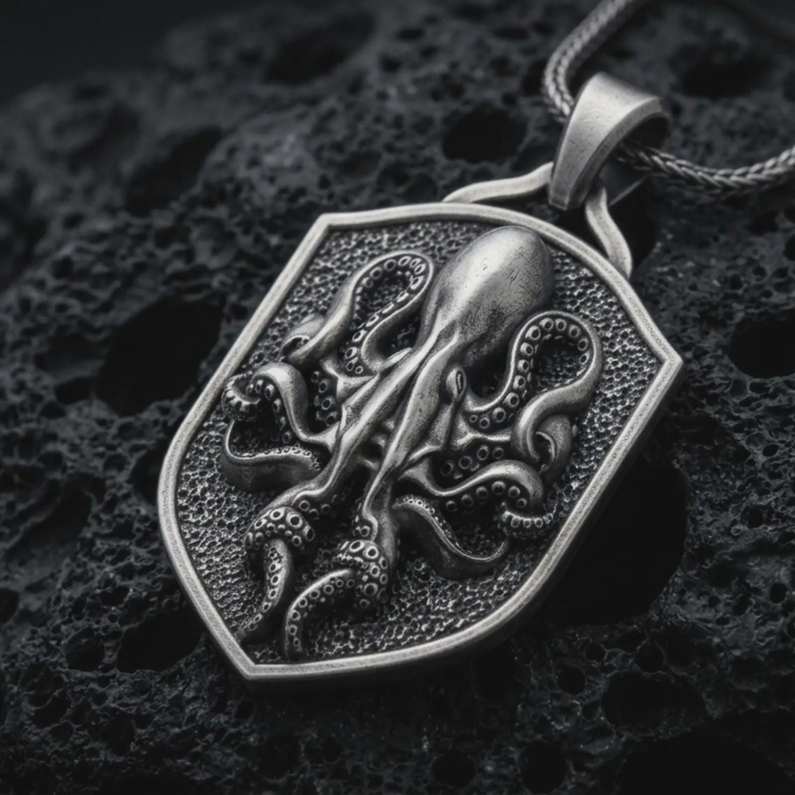 Sterling silver kraken octopus shield pendant necklace with an oxidized finish resting on textured volcanic rock, captured in a close-up premium studio composition.