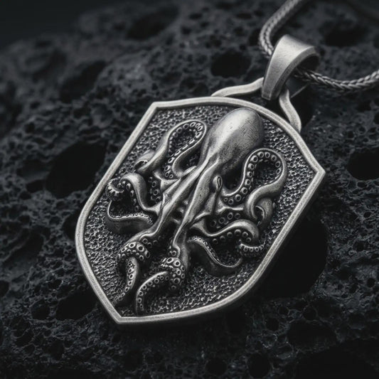 Sterling silver kraken octopus shield pendant necklace with an oxidized finish resting on textured volcanic rock, captured in a close-up premium studio composition.