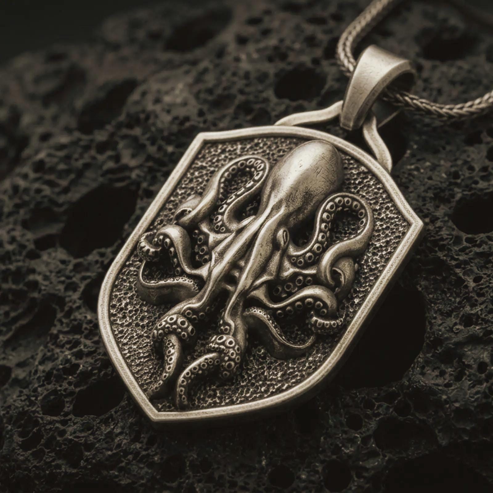 Bronze kraken octopus shield pendant necklace with an oxidized finish resting on textured volcanic rock, captured in a close-up premium studio composition.