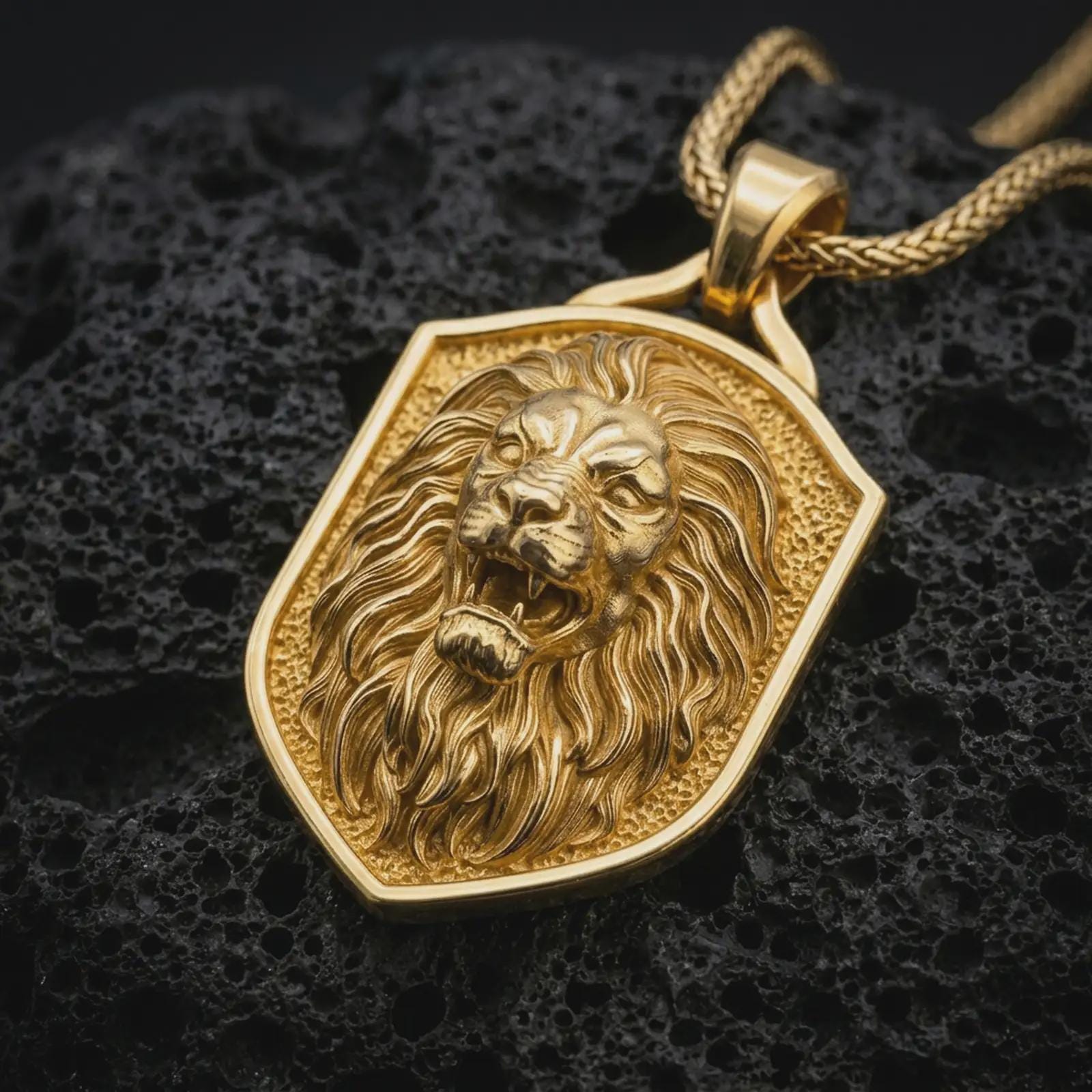 Gold plated roaring lion shield pendant necklace presented on porous volcanic rock, highlighting the fierce warrior-inspired lion motif in a luxurious close-up jewelry image.