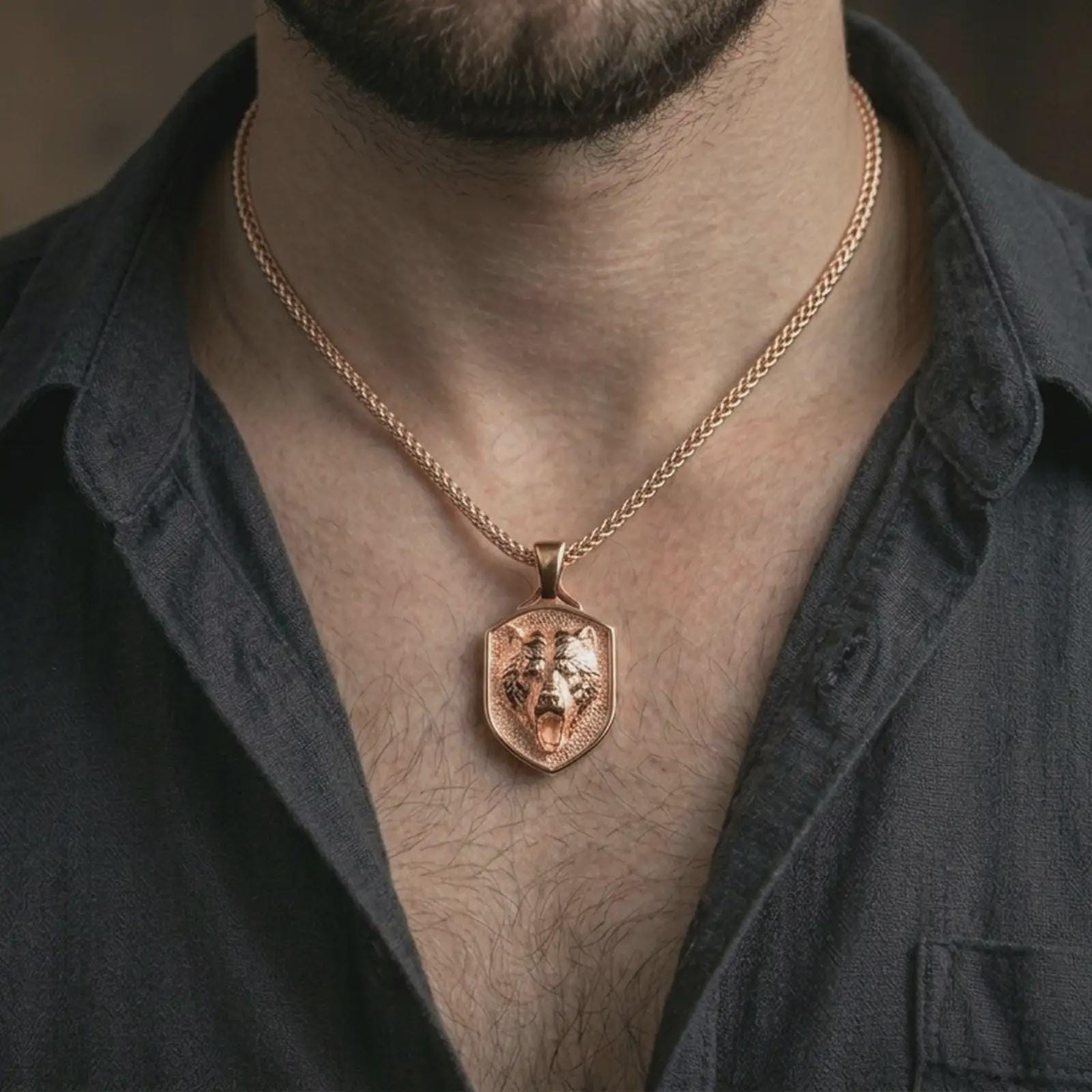Rose gold plated roaring bear shield pendant necklace worn on the neck, presented in a close-up lifestyle shot with a refined Nordic aesthetic.