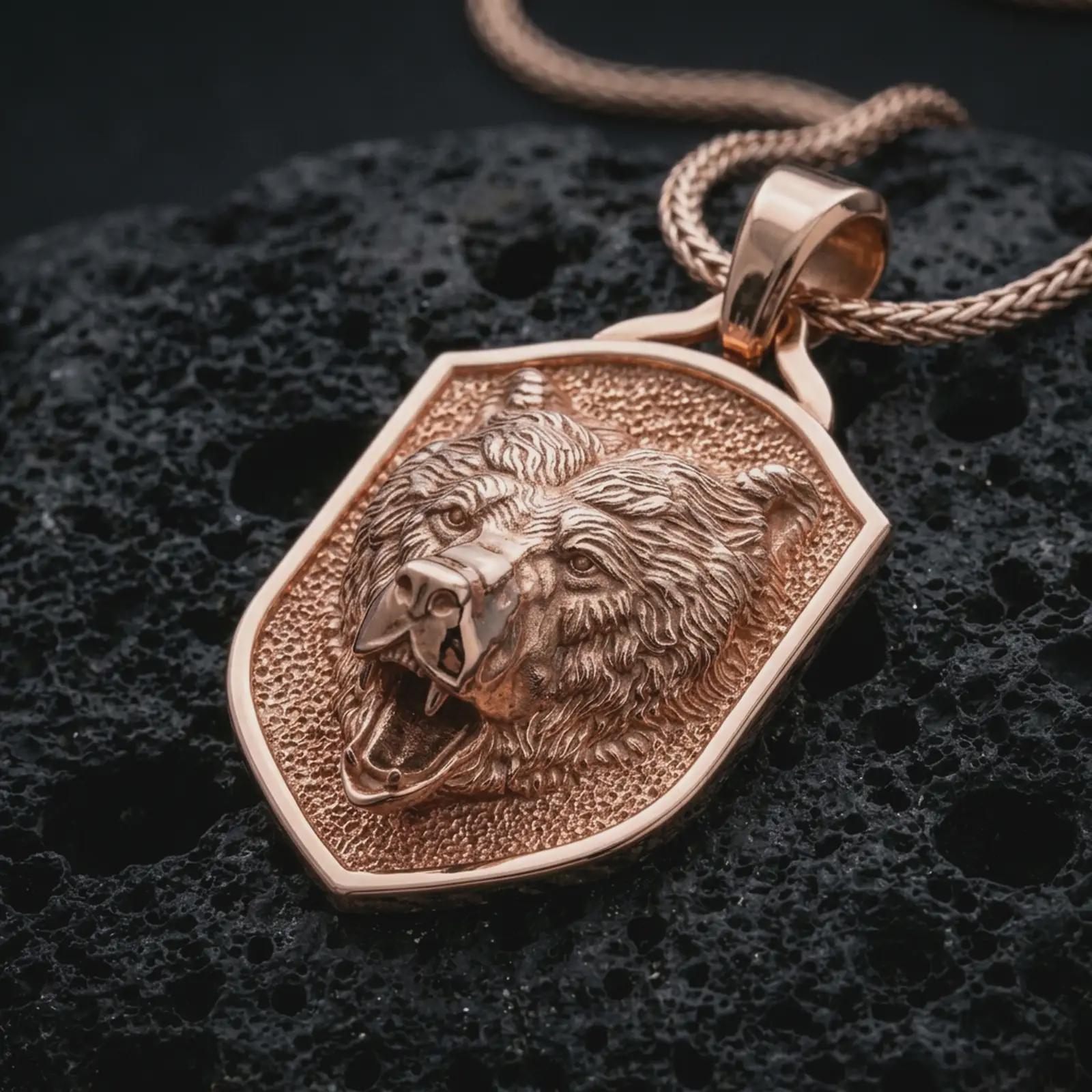 Rose gold plated roaring bear shield pendant necklace on dark volcanic rock, photographed in a detailed premium studio macro view.