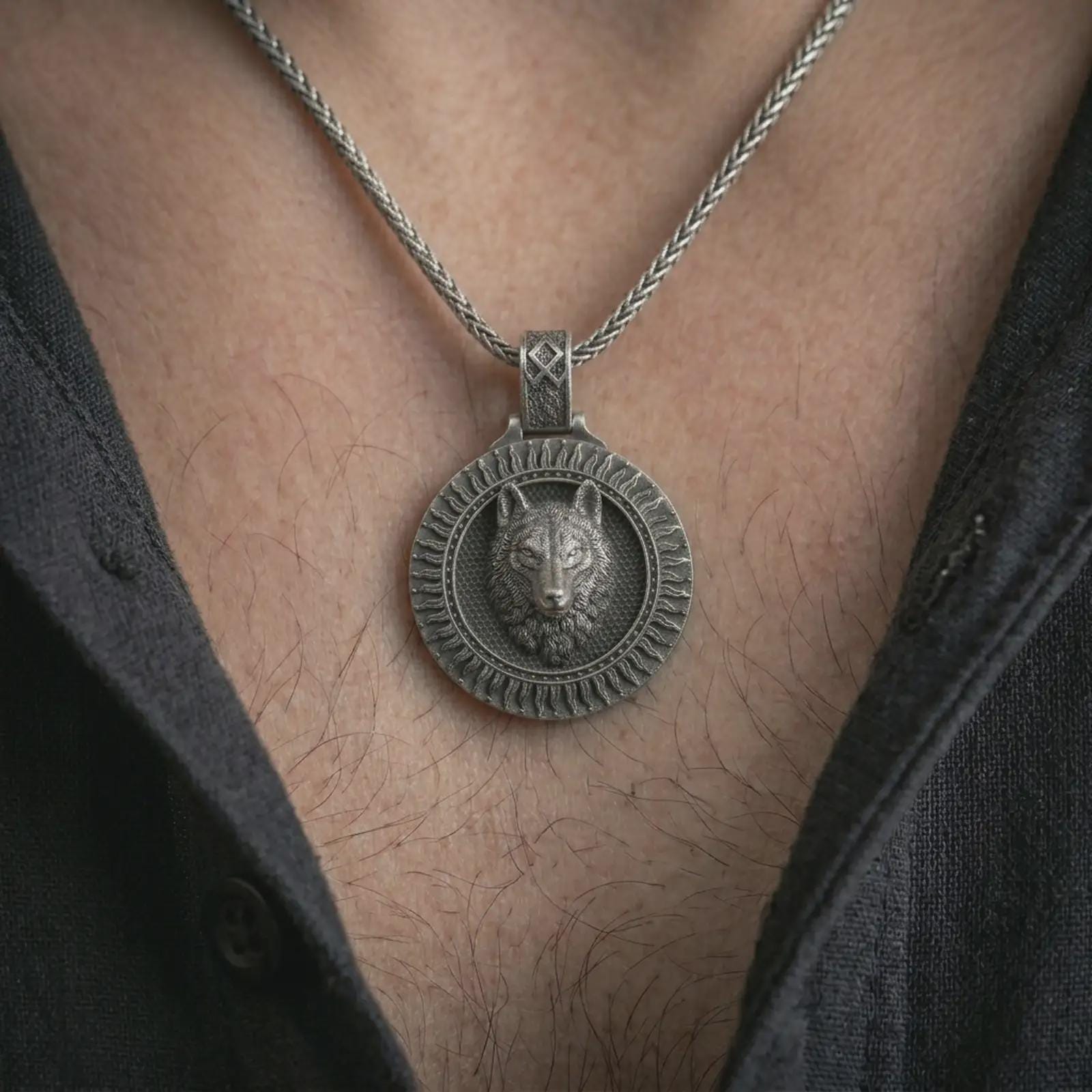 Oxidized Fenrir wolf pendant necklace worn on the neck, styled in a dark lifestyle portrait with an open shirt and bold Viking-inspired presentation.