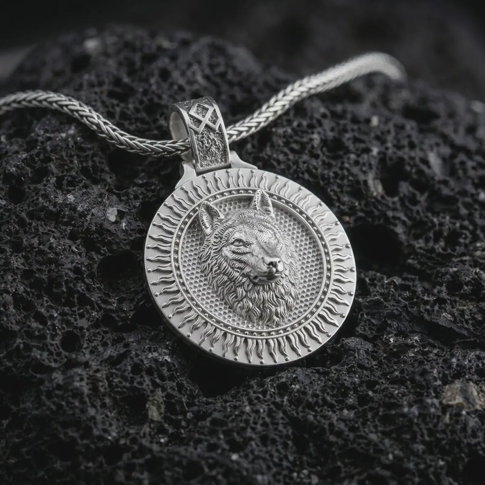Polished silver Fenrir wolf pendant necklace displayed on black volcanic rock, shown in a refined macro product shot with detailed wolf head relief, circular sunburst border, and Norse-inspired medallion design.