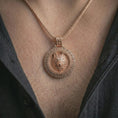 Load image into Gallery viewer, Rose gold plated Fenrir wolf pendant necklace worn on the neck, presented in a close-up lifestyle shot with a refined Norse aesthetic.
