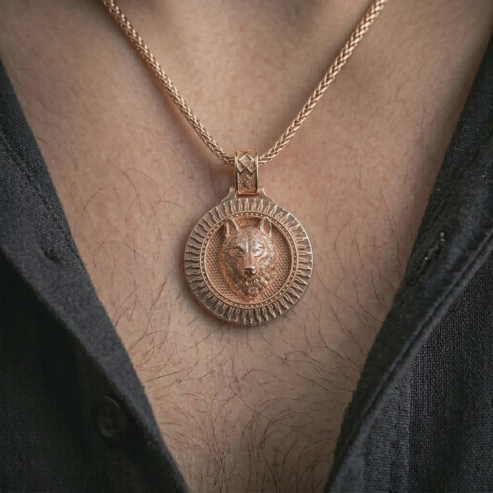 Rose gold plated Fenrir wolf pendant necklace worn on the neck, presented in a close-up lifestyle shot with a refined Norse aesthetic.