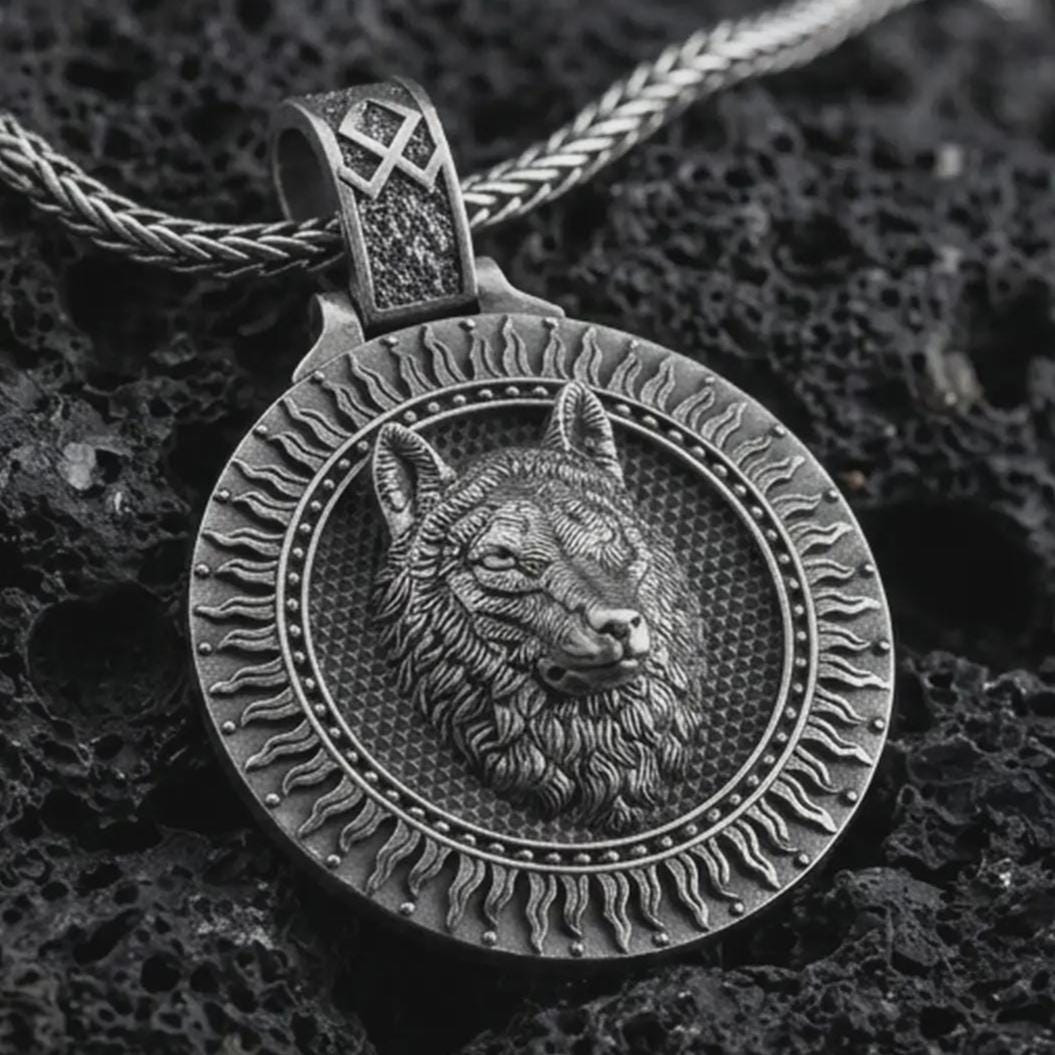 Sterling silver Fenrir wolf pendant necklace with an oxidized finish resting on textured volcanic rock, captured in a close-up premium studio composition.