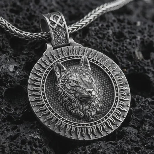 Sterling silver Fenrir wolf pendant necklace with an oxidized finish resting on textured volcanic rock, captured in a close-up premium studio composition.