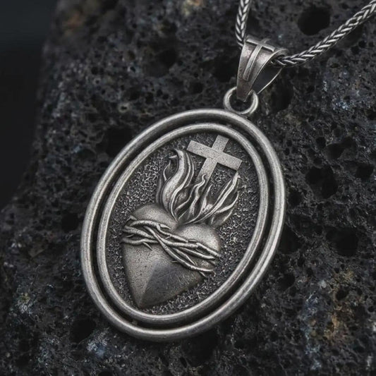 Oxidized Sacred Heart pendant necklace on textured volcanic rock, close-up studio shot highlighting the flaming heart, crown of thorns, cross, and antique silver contrast.