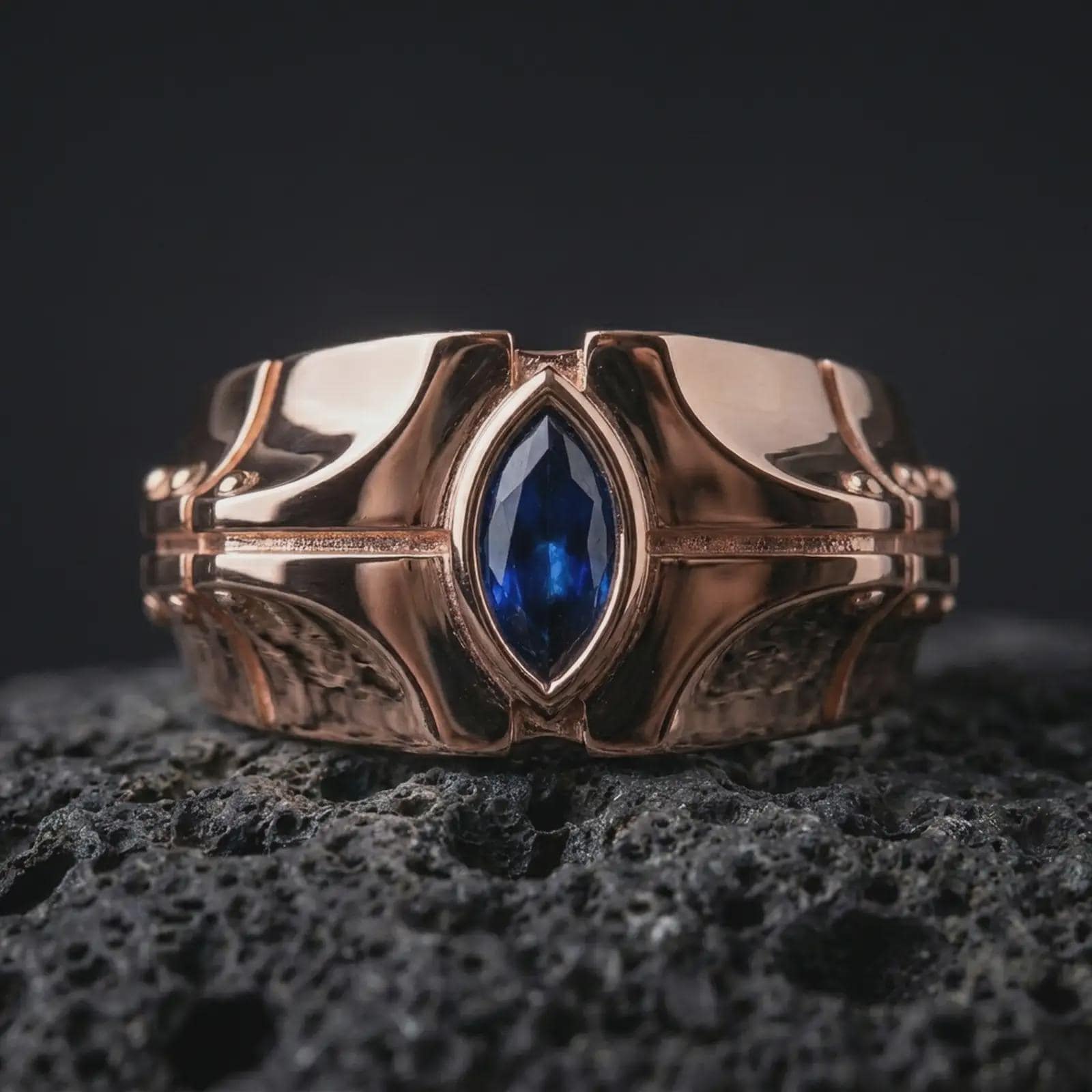 A sterling silver ring with a rose gold plated finish and marquise blue stone displayed on textured volcanic rock in a premium macro shot.