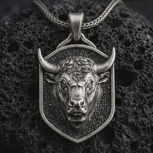 Sterling silver bull head shield pendant necklace with an oxidized finish resting on textured volcanic rock, captured in a close-up premium studio composition.