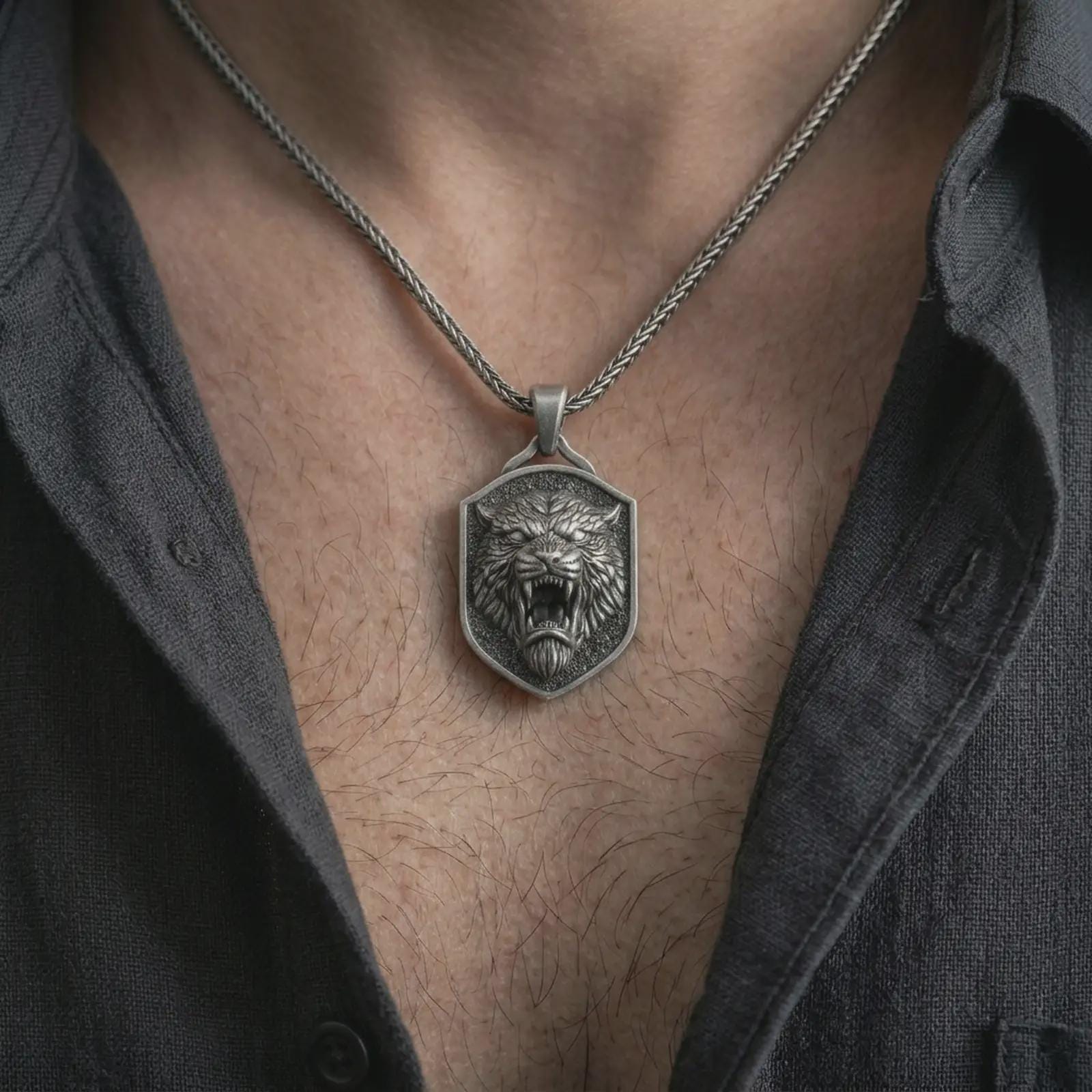Oxidized roaring lion shield pendant necklace worn on the neck, styled in a dark lifestyle portrait with an open shirt and bold heroic presentation.