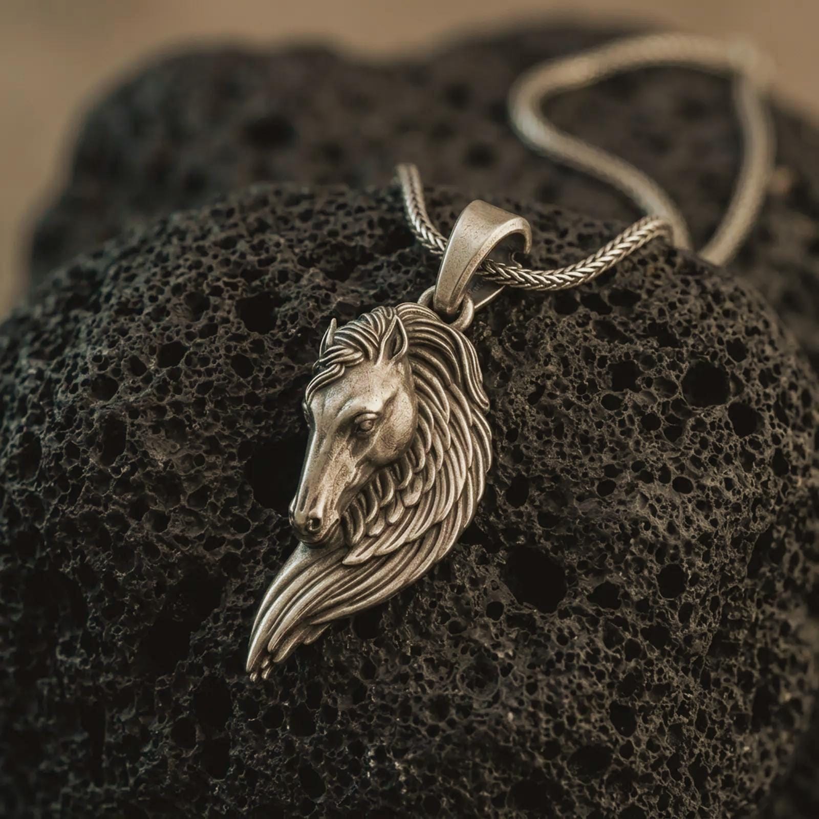 Bronze Pegasus wing horse pendant necklace with an oxidized finish resting on textured volcanic rock, captured in a close-up premium studio composition.
