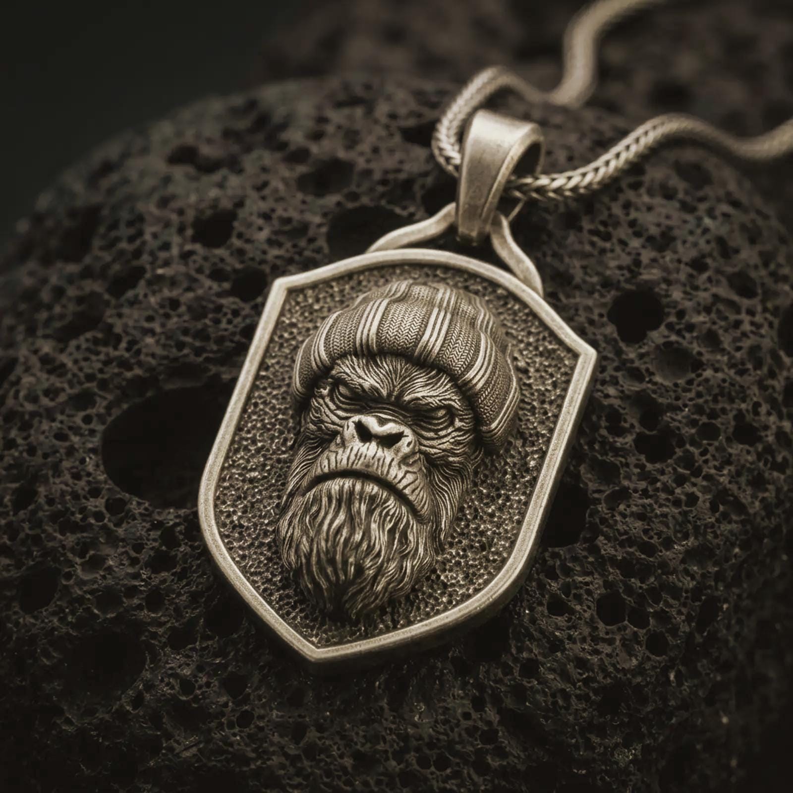 Bronze gorilla shield pendant necklace with an oxidized finish resting on textured volcanic rock, captured in a close-up premium studio composition.
