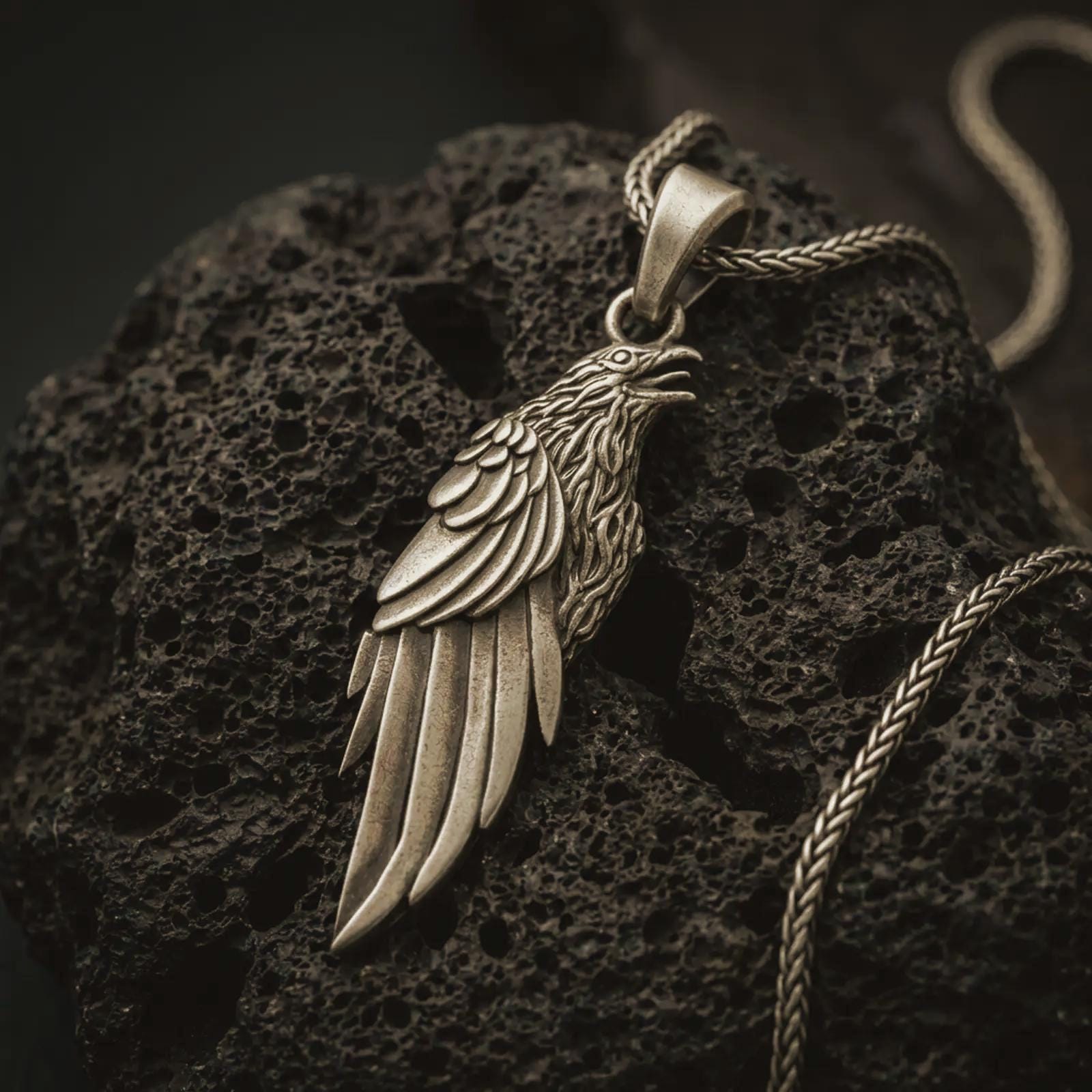 Bronze raven pendant necklace with an oxidized finish resting on textured volcanic rock, captured in a close-up premium studio composition.