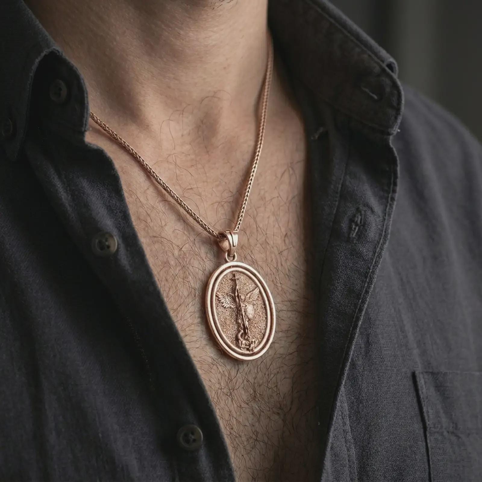 Rose gold plated Saint Michael spinning pendant necklace worn on the chest, close-up lifestyle shot featuring the sacred archangel protection design with warm rose gold tones.