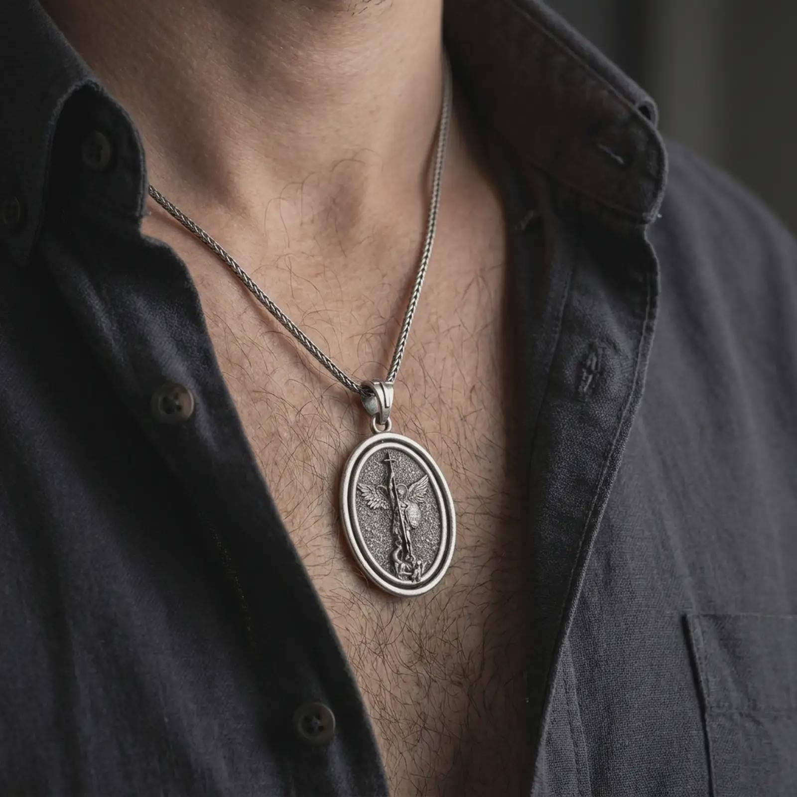 Oxidized Saint Michael spinning pendant necklace worn on the chest, close-up lifestyle jewelry photo showing the Christian protection medallion on a spiga chain with dark clothing.