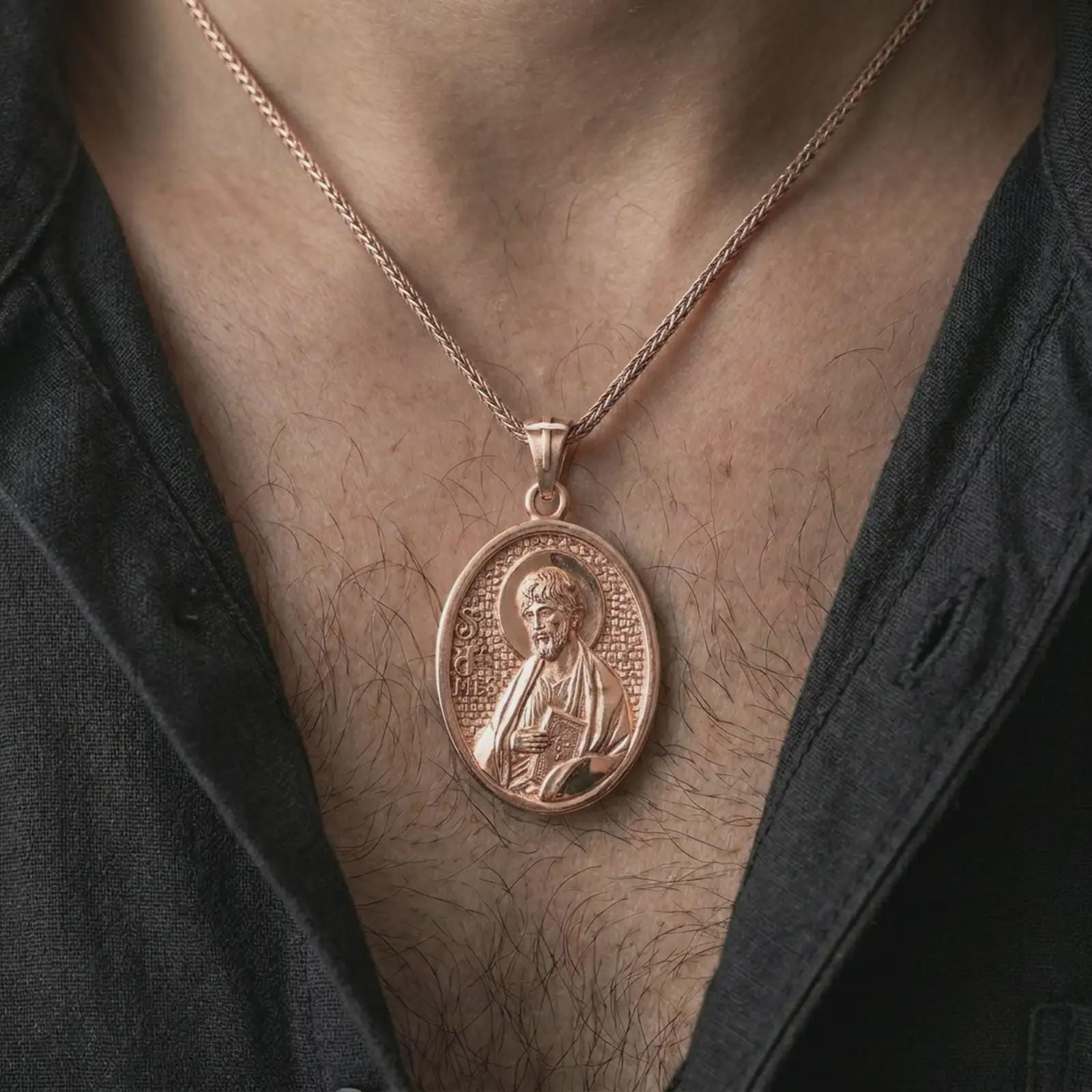Rose gold plated Saint James the Apostle pendant necklace worn on the chest, close-up lifestyle shot featuring the sacred Saint James the Apostle design with warm rose gold tones.
