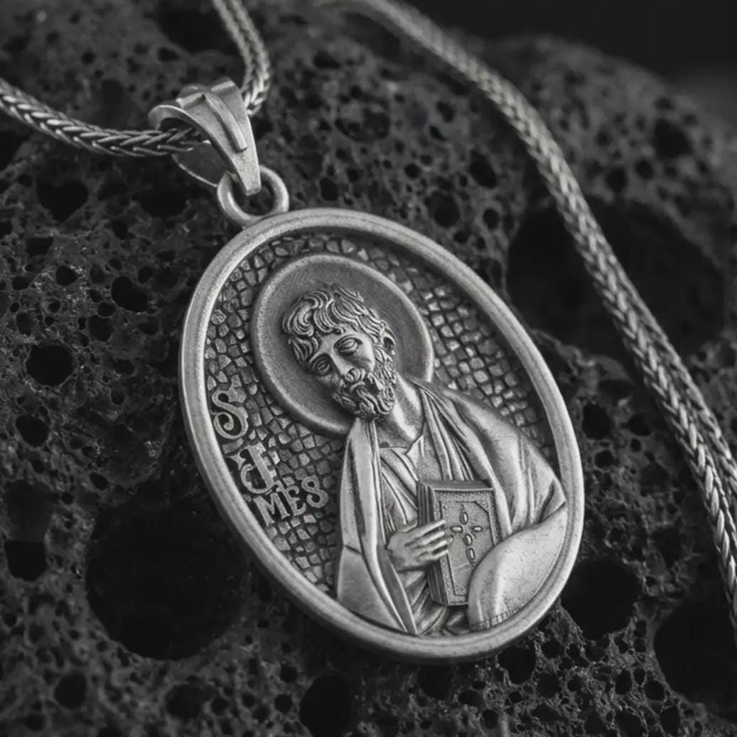 Oxidized Saint James the Apostle pendant necklace on textured volcanic rock, close-up studio shot highlighting the apostle relief, halo, book detail, and antique silver contrast.