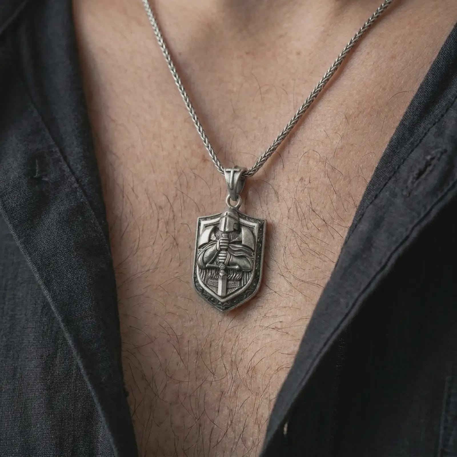 Oxidized knight shield pendant necklace worn on the chest, close-up lifestyle jewelry photo showing the gothic crusader pendant on a spiga chain with dark clothing.