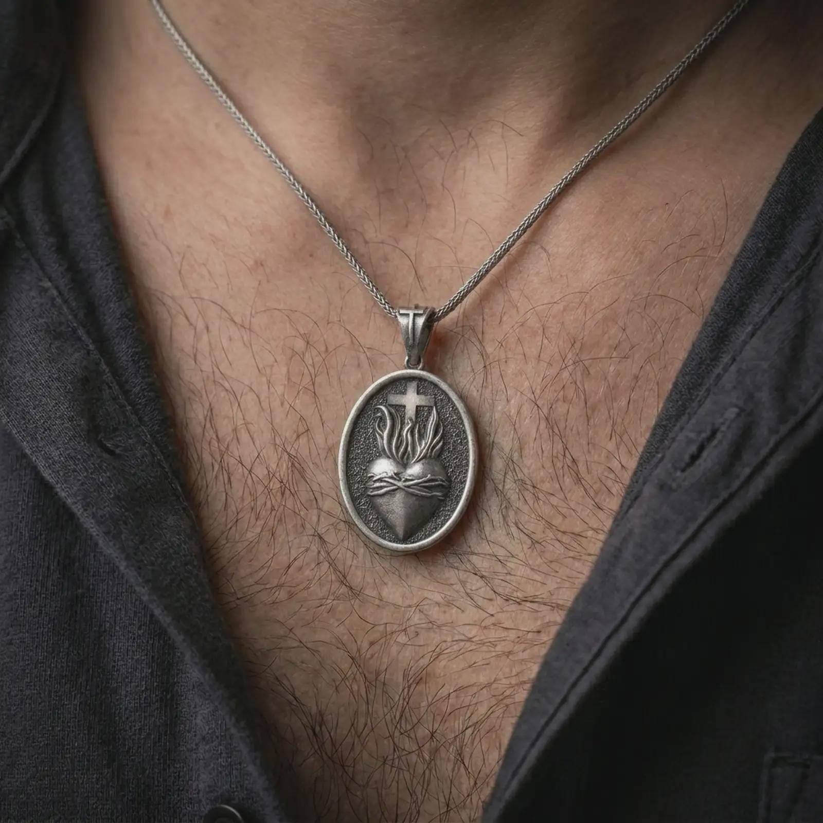 Oxidized Sacred Heart pendant necklace worn on the chest, close-up lifestyle jewelry photo showing the Catholic heart medallion on a spiga chain with dark clothing.
