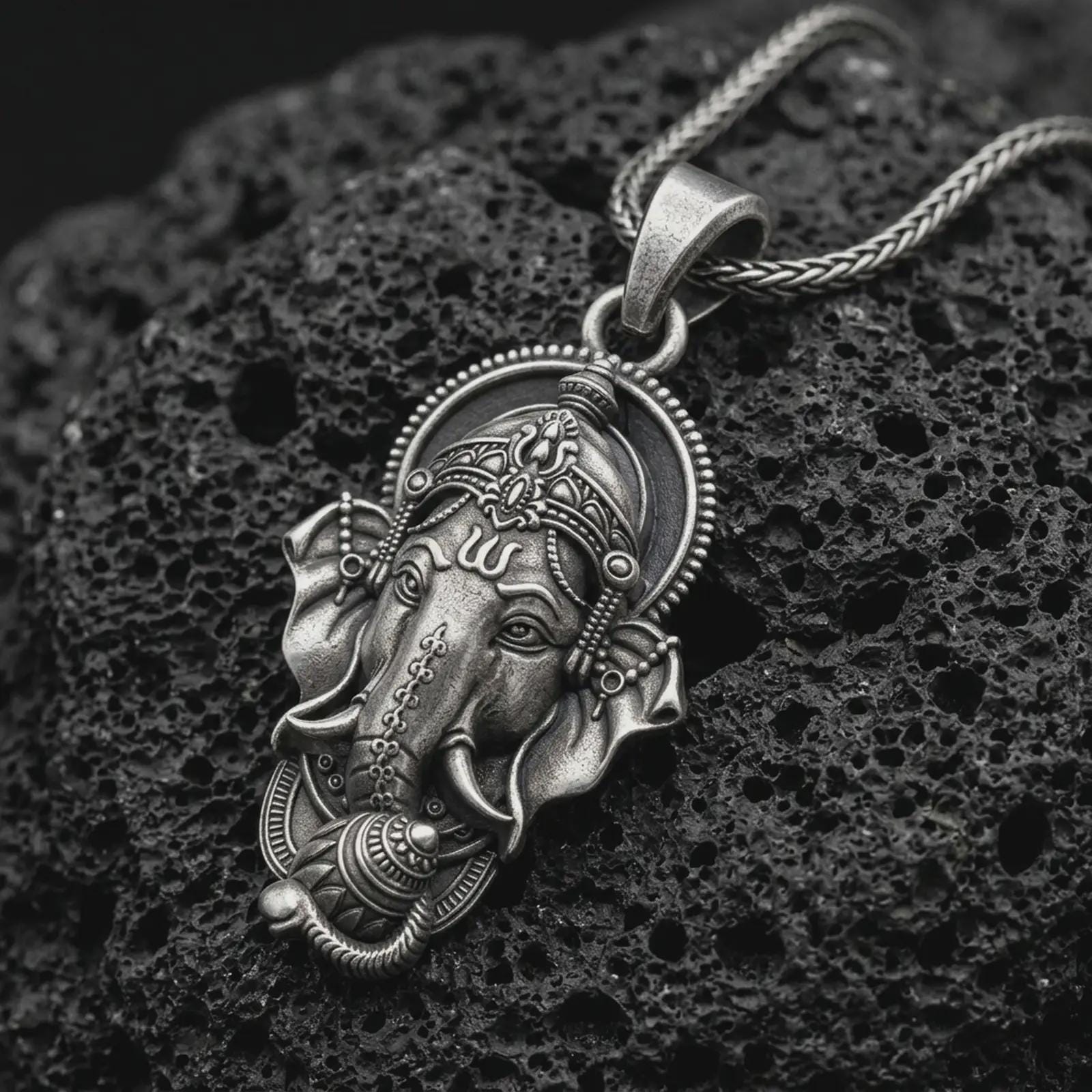 Oxidized Ganesha pendant necklace on textured volcanic rock, close-up studio shot highlighting the elephant god face, ornate crown, tusks, and antique silver contrast.