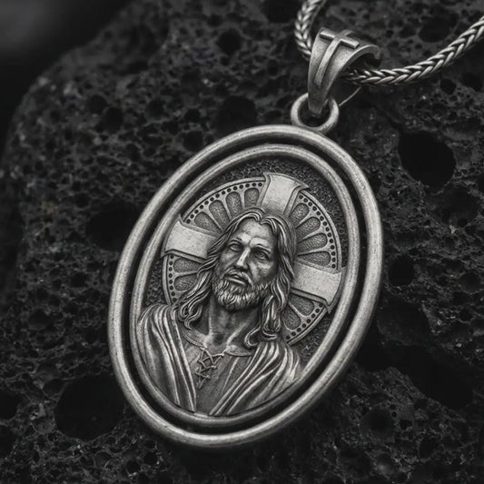 Oxidized spinning Jesus Christ pendant necklace on textured volcanic rock, close-up studio shot highlighting the Jesus portrait, cross halo, oval frame, and antique silver contrast.