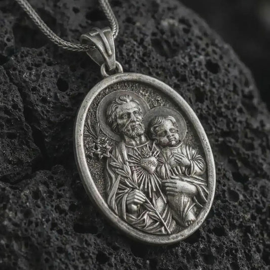 Oxidized Saint Joseph and Jesus pendant necklace on textured volcanic rock, close-up studio shot highlighting the father and child relief, lily, sacred heart, and antique silver contrast.