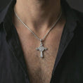 Load image into Gallery viewer, Polished silver Knights Templar cross pendant necklace worn on the neck, presented in a clean close-up model shot with a strong historical and masculine appearance.
