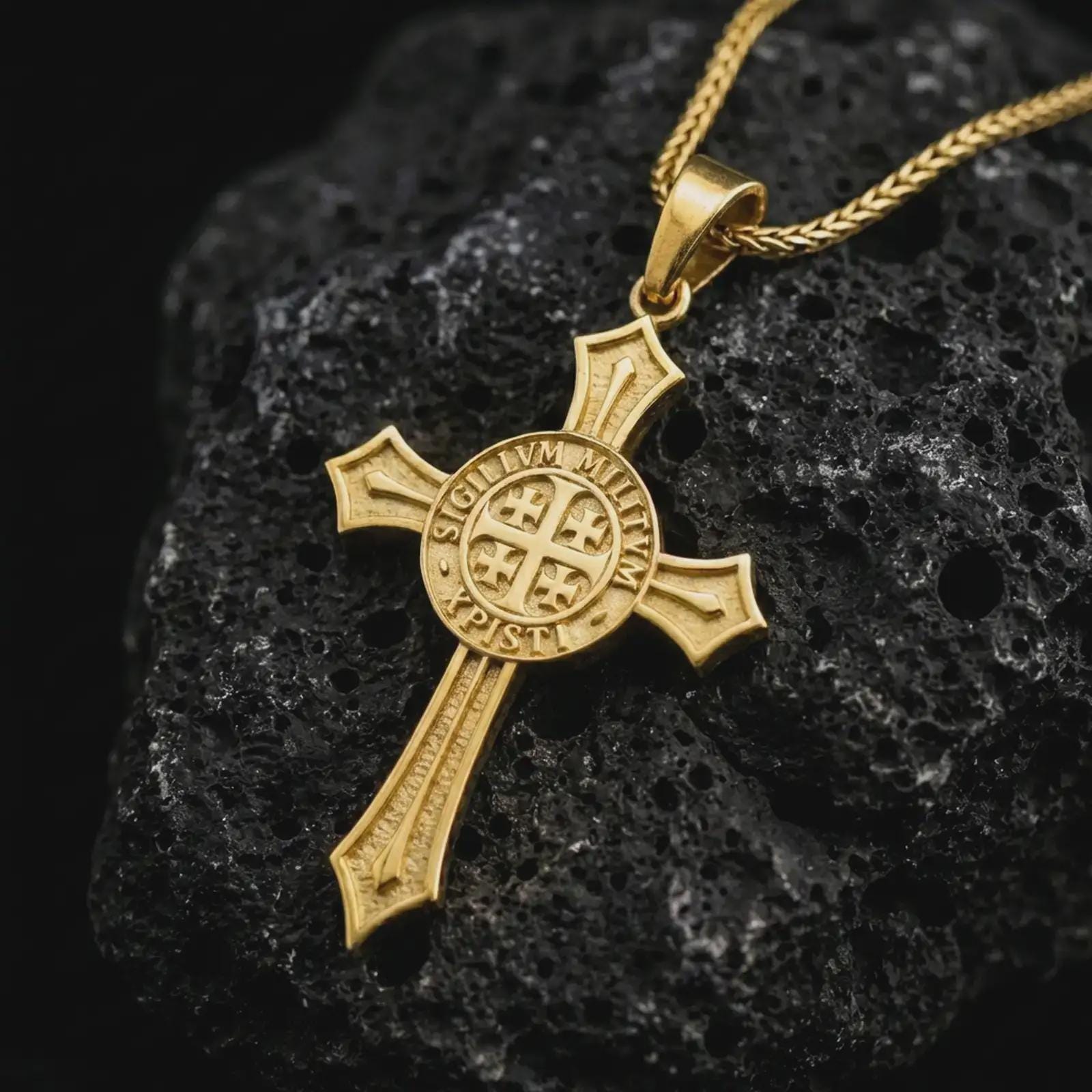 Gold plated Knights Templar cross pendant necklace presented on porous volcanic rock, photographed in a luxurious close-up view that emphasizes the heraldic cross shape and central crusader emblem.