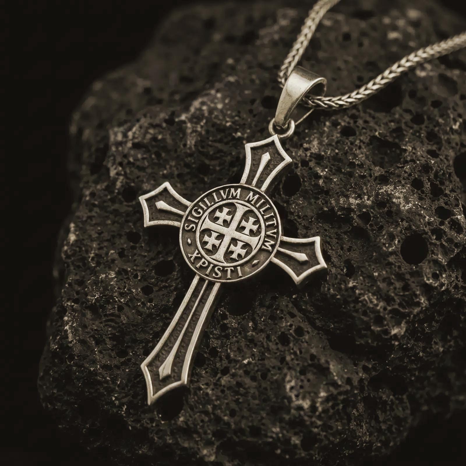 Bronze Knights Templar cross pendant necklace with an oxidized finish resting on textured volcanic rock, captured in a close-up studio image with the Sigillum Militum Xpisti seal at the center.