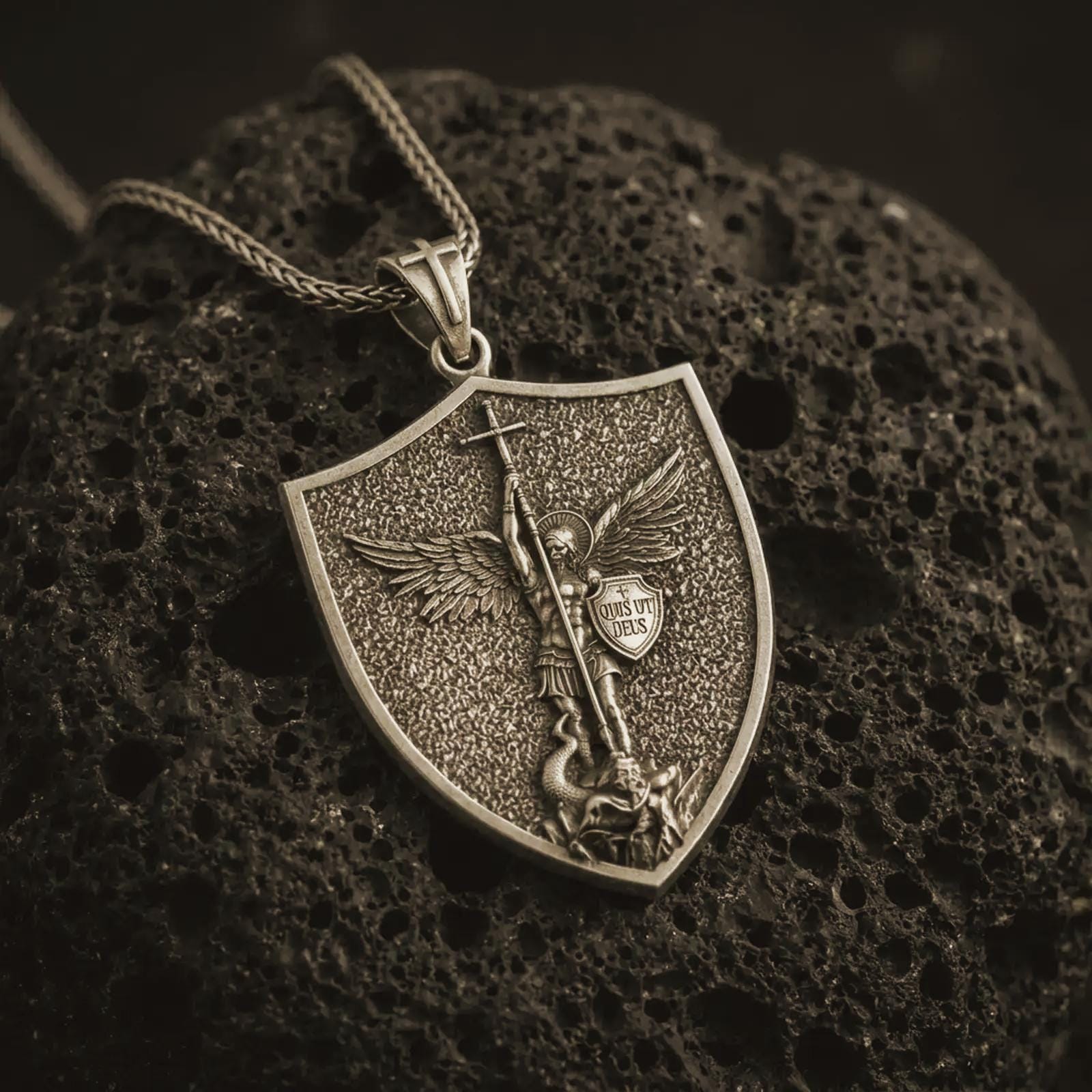 Bronze Saint Michael pendant necklace displayed on black volcanic stone, featuring a shield-shaped medal with Archangel Michael defeating evil in a detailed macro product photograph.