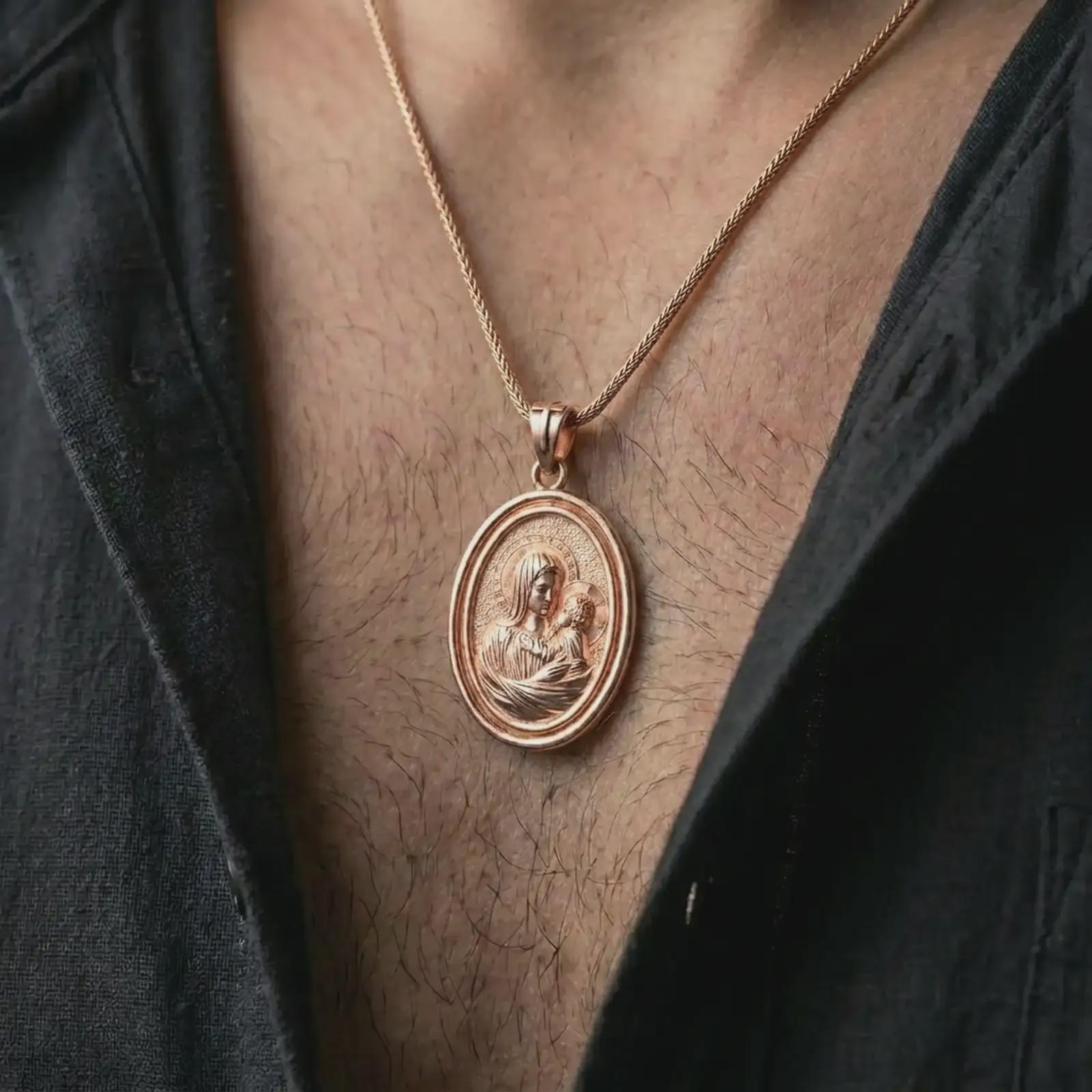 Rose gold plated Madonna and Child pendant necklace worn on the neck, presented in a premium model photograph with a soft devotional aesthetic and classic Catholic jewelry presence.