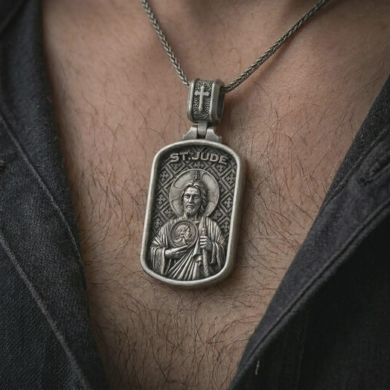 Oxidized Saint Jude dog tag pendant necklace worn on the chest, close-up lifestyle jewelry photo showing the Christian medallion on a spiga chain with dark clothing.