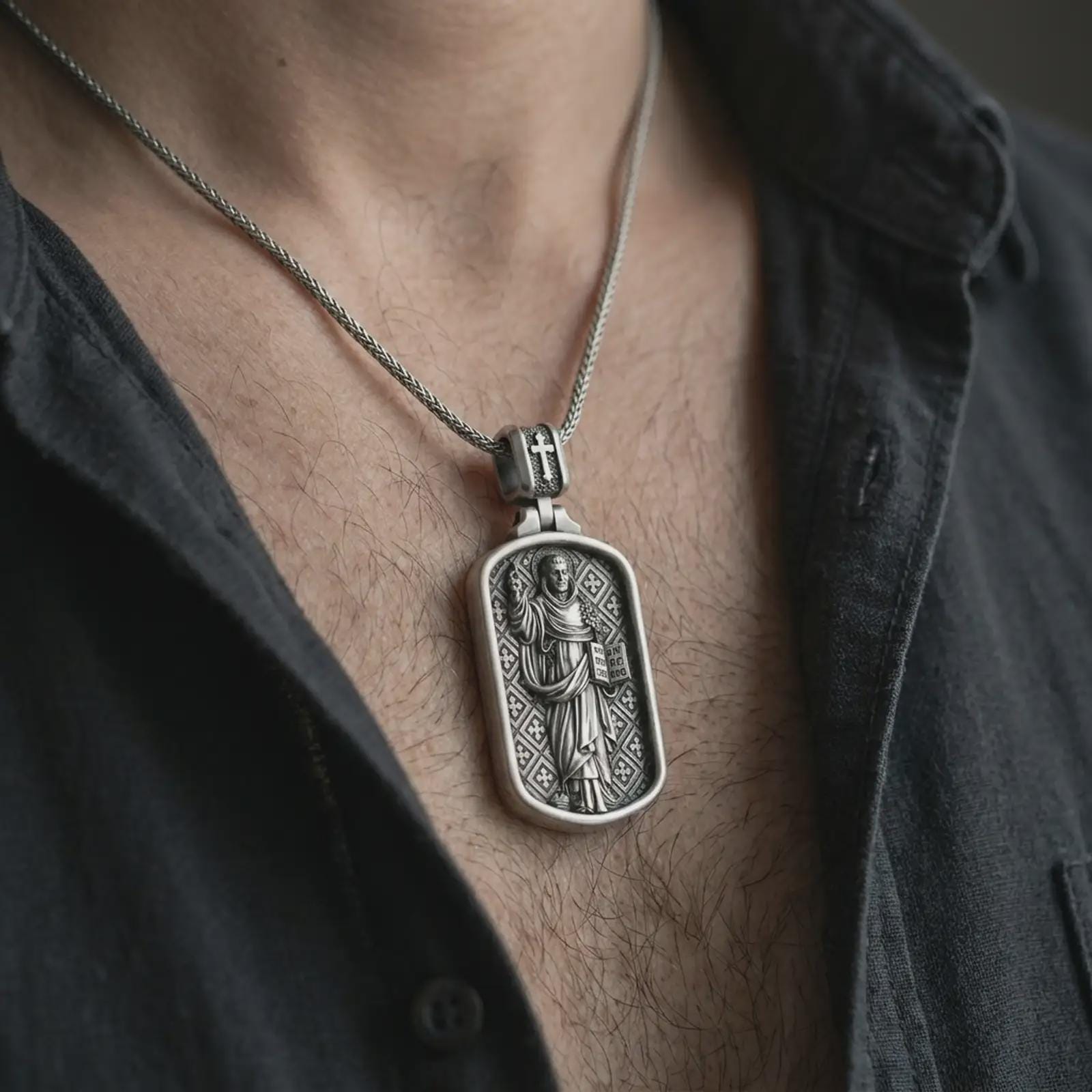 Oxidized Saint Dominic dog tag pendant necklace worn on the chest, close-up lifestyle jewelry photo showing the religious medallion on a spiga chain with dark clothing.