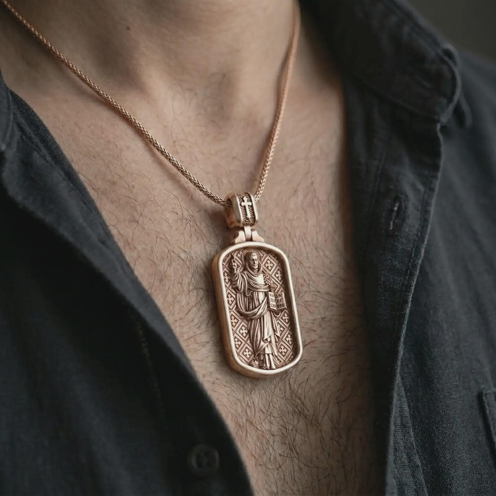 Rose gold plated Saint Dominic dog tag pendant necklace worn on the chest, close-up lifestyle shot featuring the sacred Saint Dominic design with warm rose gold tones.