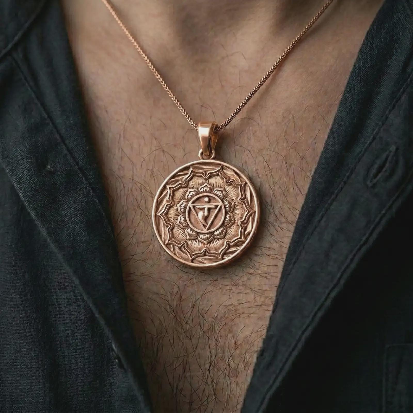 Rose gold plated Manipura chakra pendant necklace worn on the chest, close-up lifestyle shot featuring the solar plexus chakra design with warm rose gold tones.