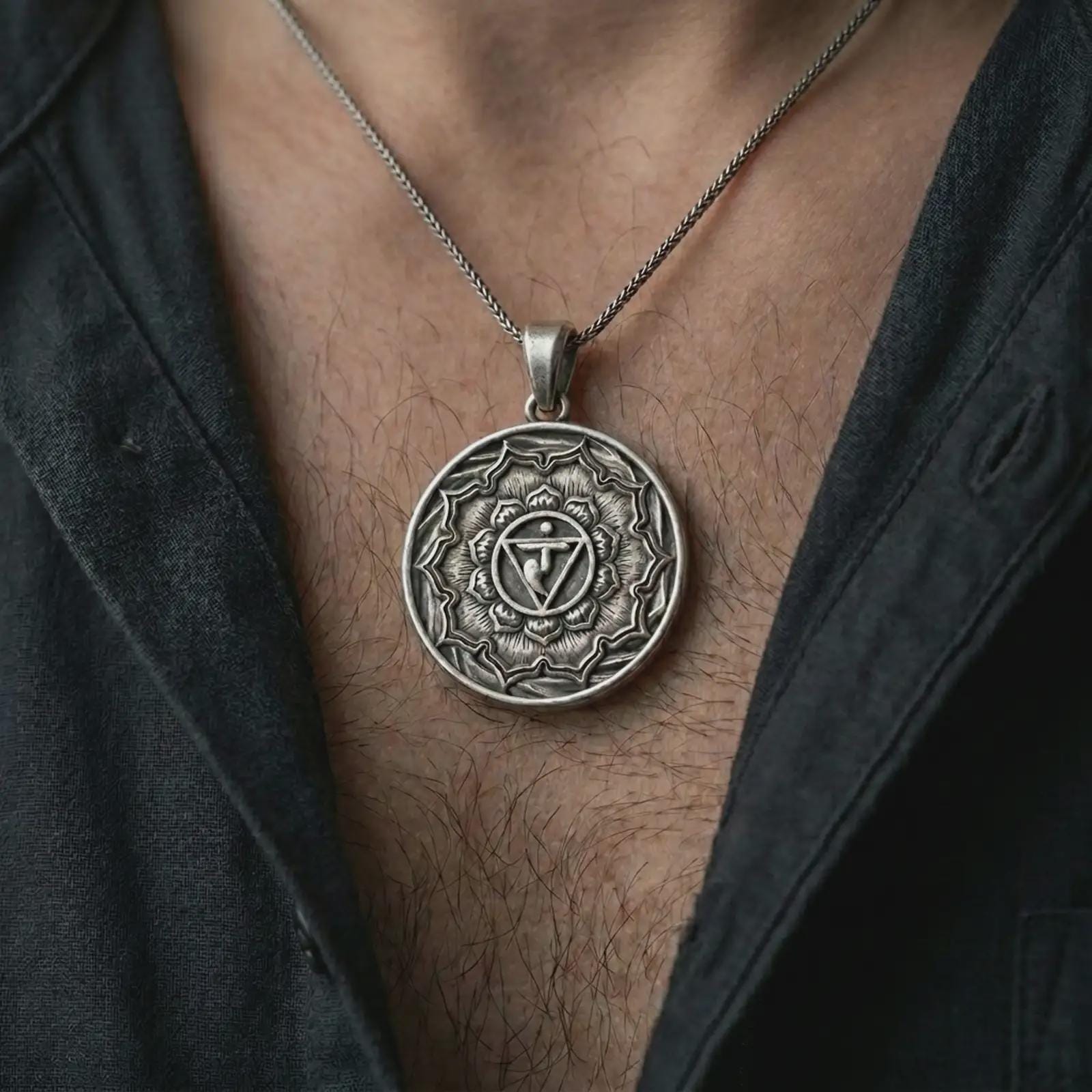 Oxidized Manipura chakra pendant necklace worn on the chest, close-up lifestyle jewelry photo showing the solar plexus medallion on a spiga chain with dark clothing.