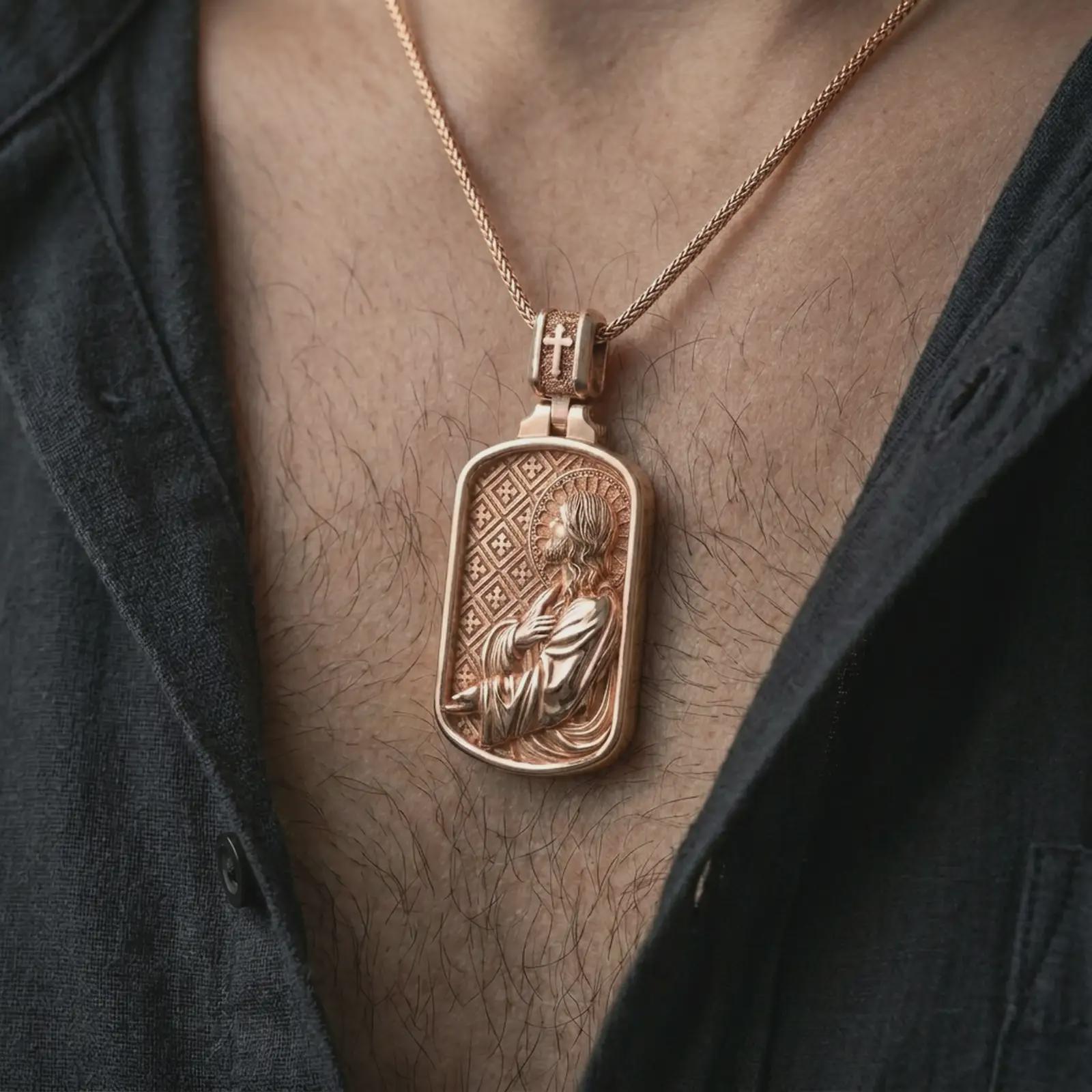 Rose gold plated Jesus prayer dog tag pendant necklace worn on the chest, close-up lifestyle shot featuring the sacred Jesus prayer design with warm rose gold tones.