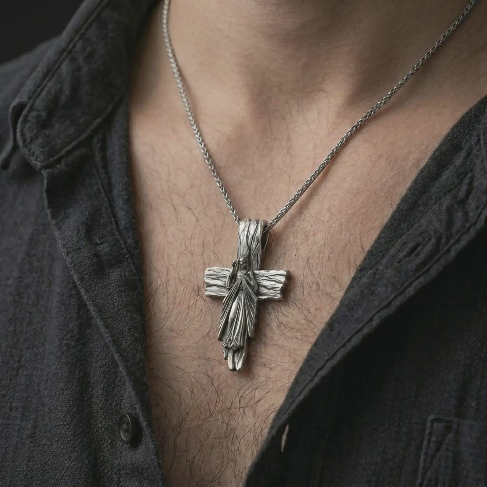 Oxidized Jesus cross pendant necklace worn on the chest, close-up lifestyle jewelry photo showing the religious cross pendant on a spiga chain with dark clothing.