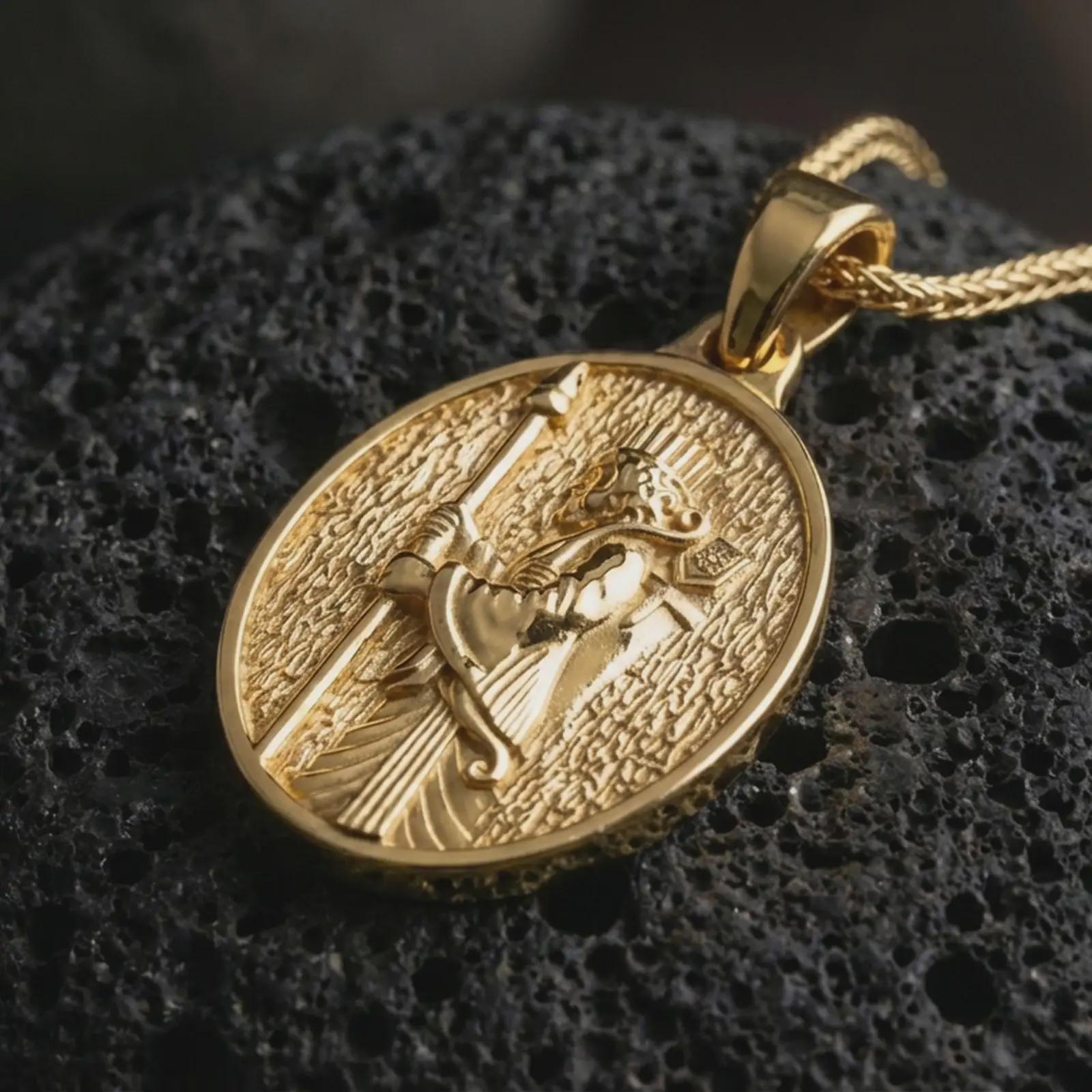 Gold plated Achaemenid soldier pendant necklace presented on porous volcanic stone, photographed in a luxurious close-up image that emphasizes the historical Persian guard motif and oval medallion silhouette.