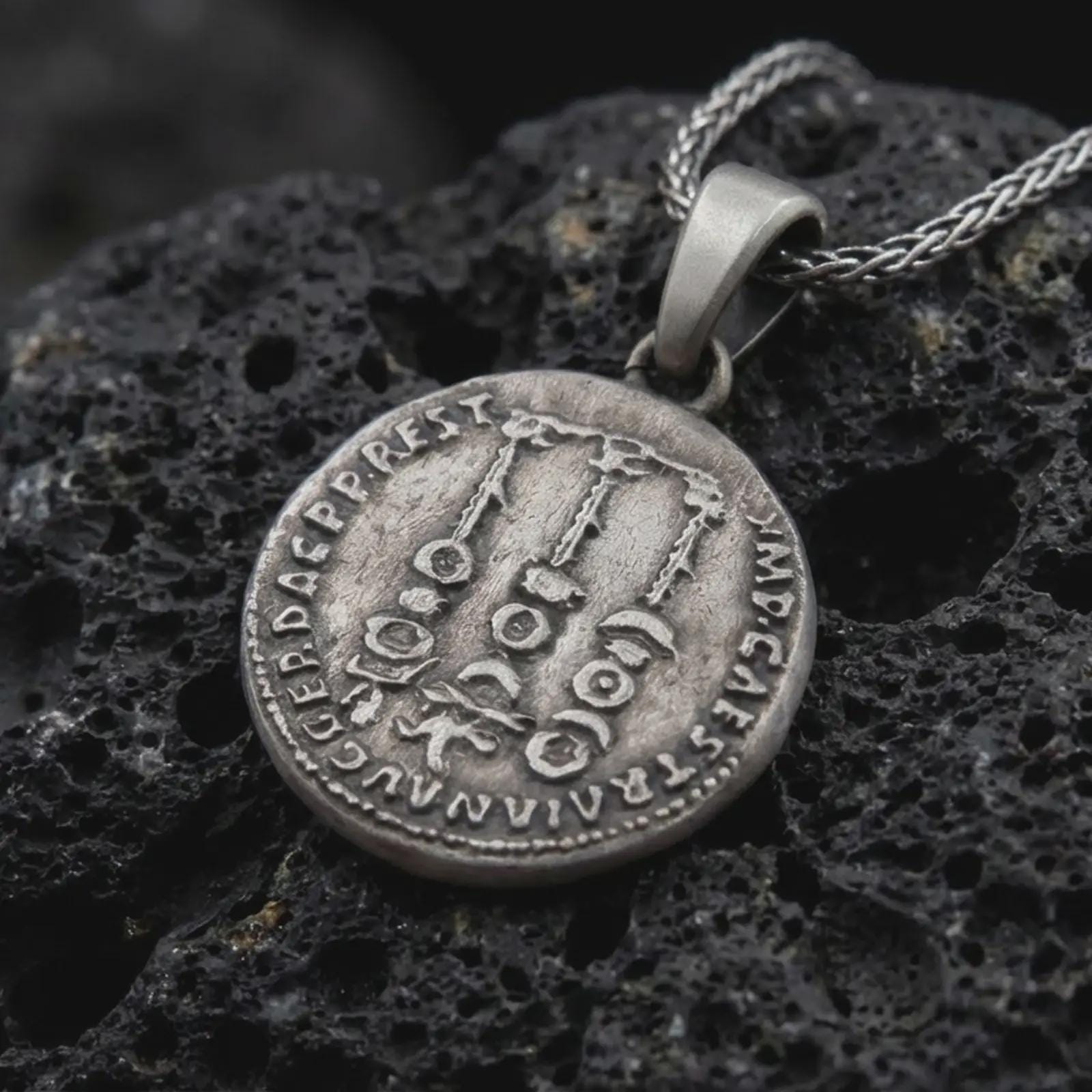 Oxidized Tiberius coin pendant necklace resting on black volcanic stone, featuring a Roman emperor profile and antique coin-style inscription in a detailed macro product photograph.
