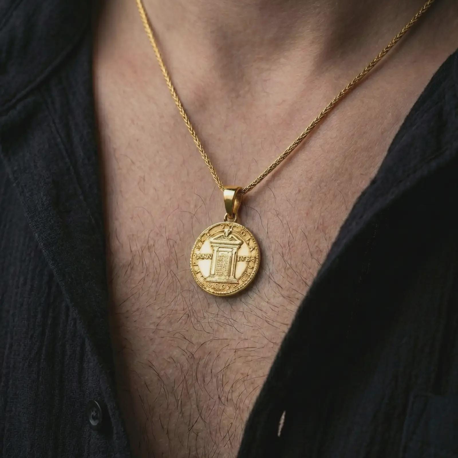Gold plated Pope Innocent coin pendant necklace worn on the neck, captured in a premium lifestyle composition that highlights the papal coin motif as a distinctive religious jewelry accent.