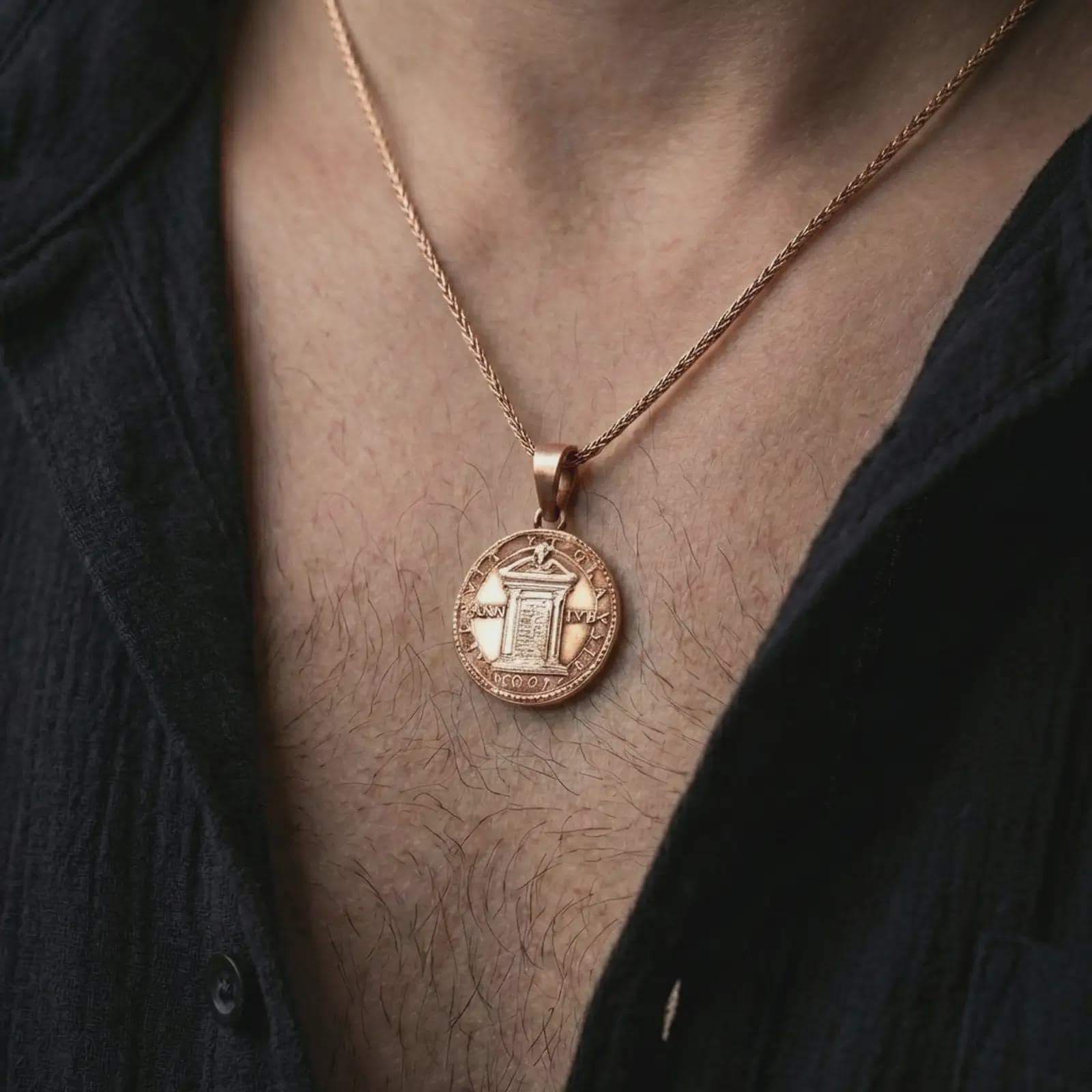 Rose gold plated Pope Innocent coin pendant necklace worn on the neck, presented in an elegant model photograph with a timeless Vatican and antiquity-inspired aesthetic.