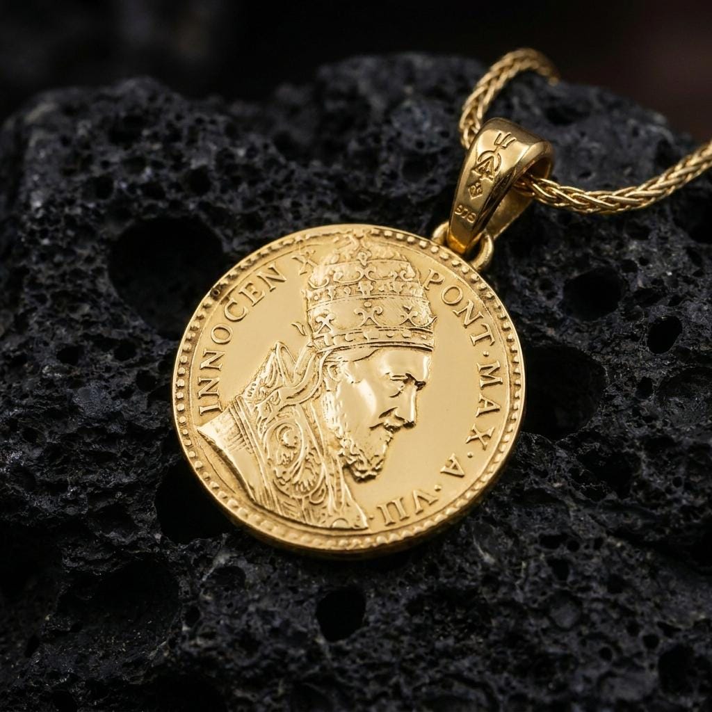 Gold plated Pope Innocent coin pendant necklace photographed on porous black volcanic stone, emphasizing the Vatican-inspired coin portrait and classical inscription in a luxury jewelry composition.