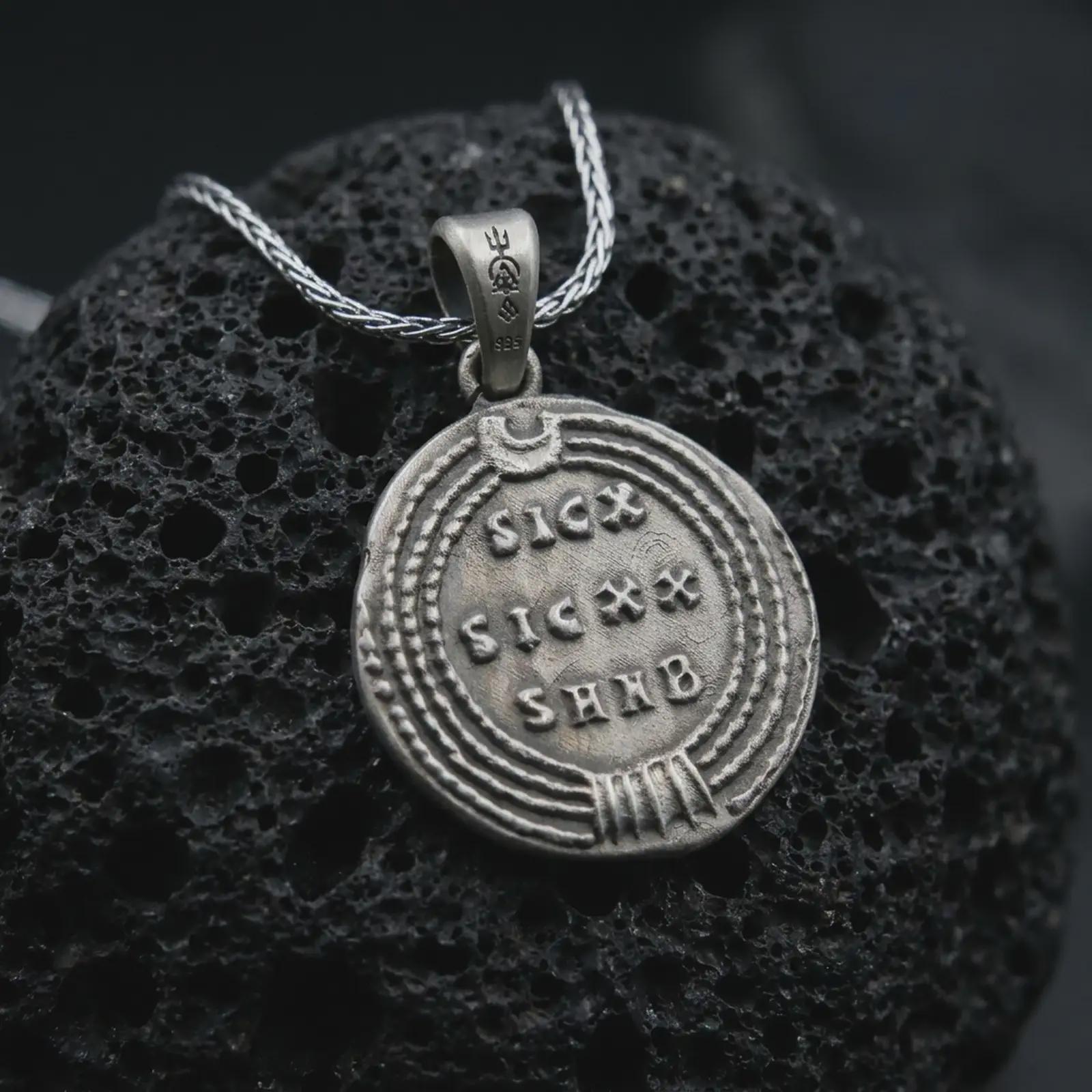 Oxidized Emperor Constans coin pendant necklace resting on black volcanic stone, featuring a Roman imperial profile with Latin inscription in a detailed antique coin-style macro photograph.