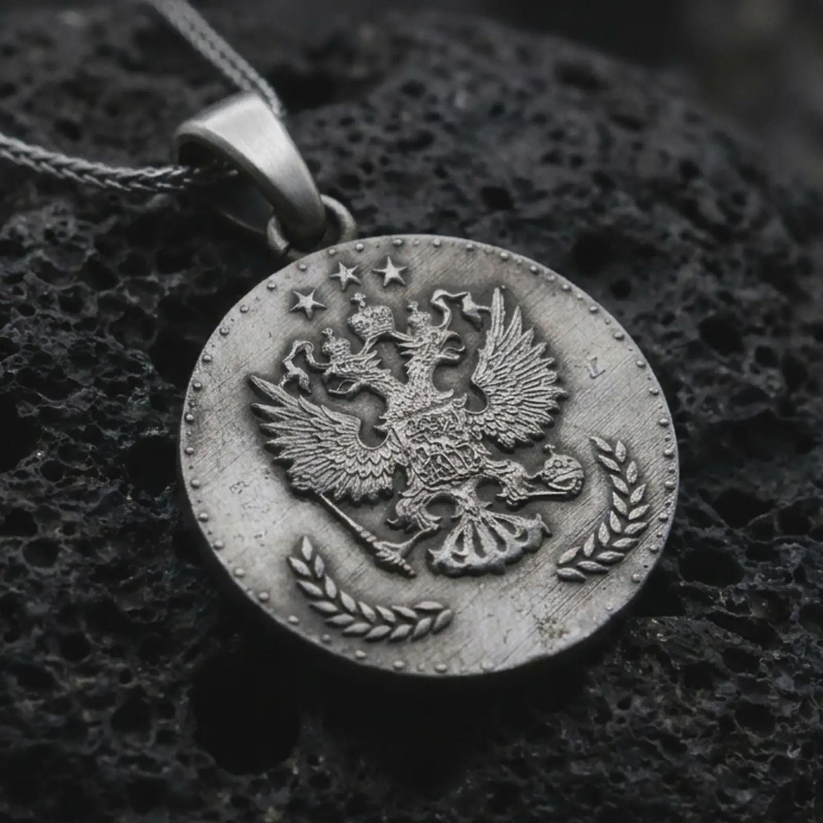 Oxidized heraldic eagle coin pendant necklace resting on black volcanic stone, featuring a round medallion with a crowned double-headed eagle, stars, and laurel branches in a detailed macro product photograph.