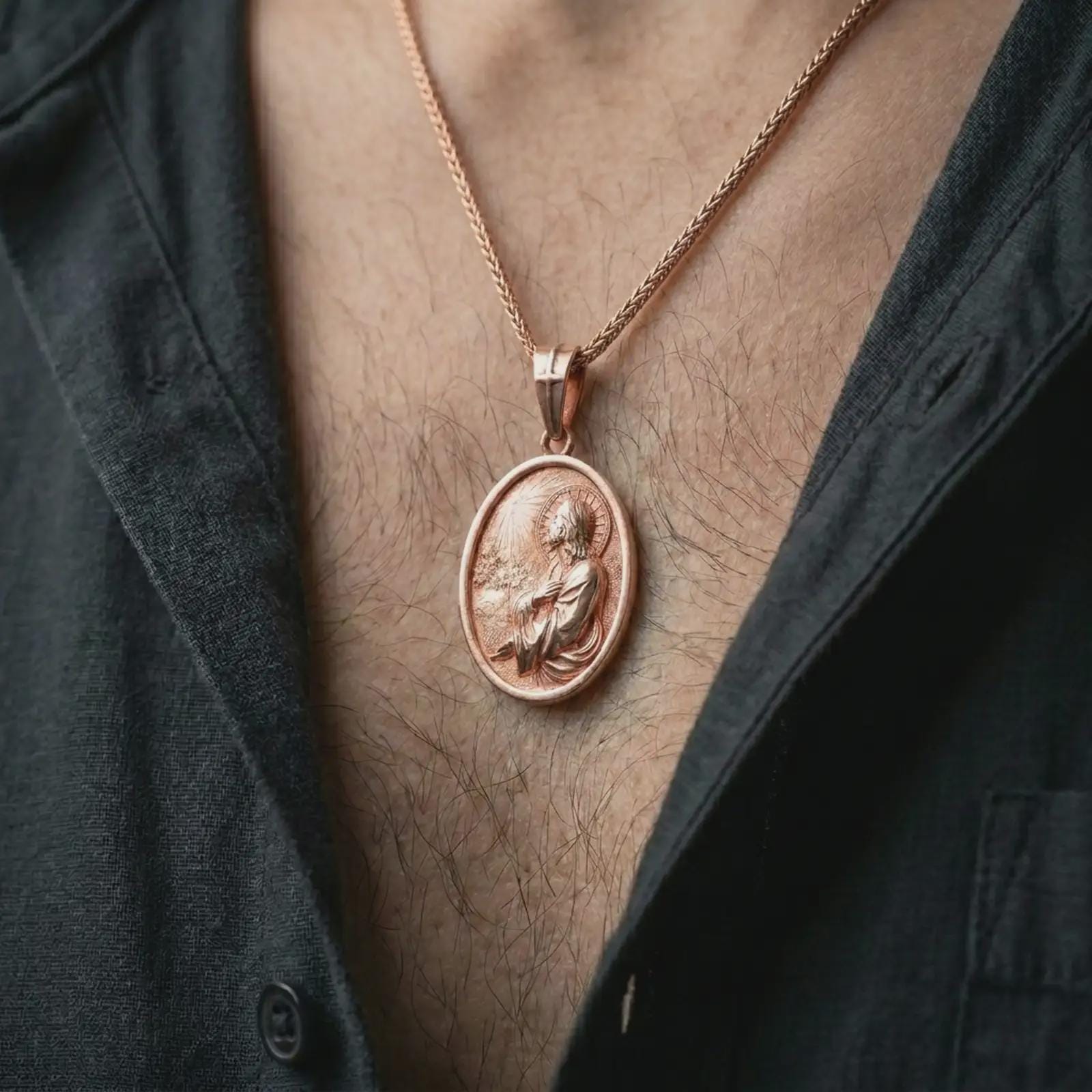 Rose gold plated Jesus Christ prayer pendant necklace worn on the chest, close-up lifestyle shot featuring the sacred Jesus Christ prayer design with warm rose gold tones.